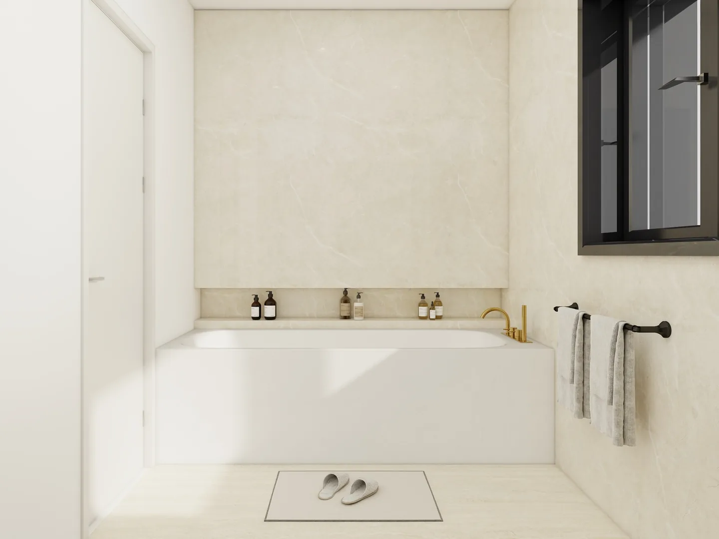 Rendu 3D d’une salle de bains : baignoire encastrée dans une niche en pierre beige, fenêtre à cadre noir, robinetterie dorée.