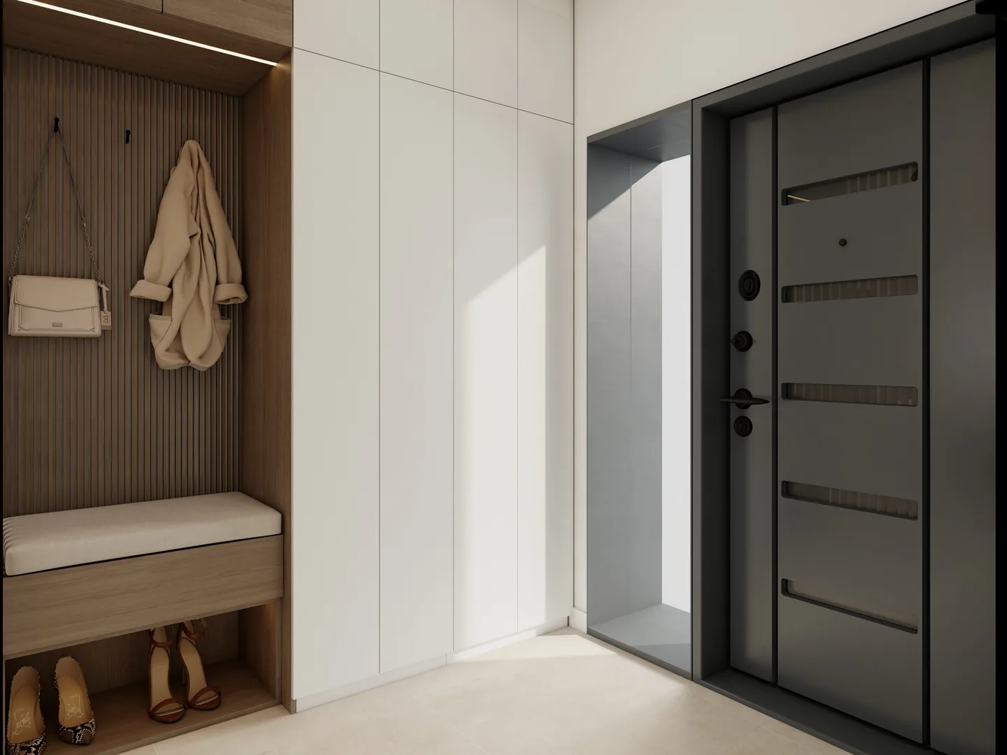 Rendu 3D d’une entrée : banc et patères en bois sombre, placards blancs, porte d’entrée noire.