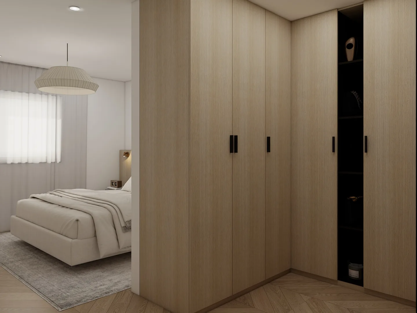 Rendu 3D d’une chambre : grand dressing aux portes en bois clair, lit au linge blanc, suspension en tissu.