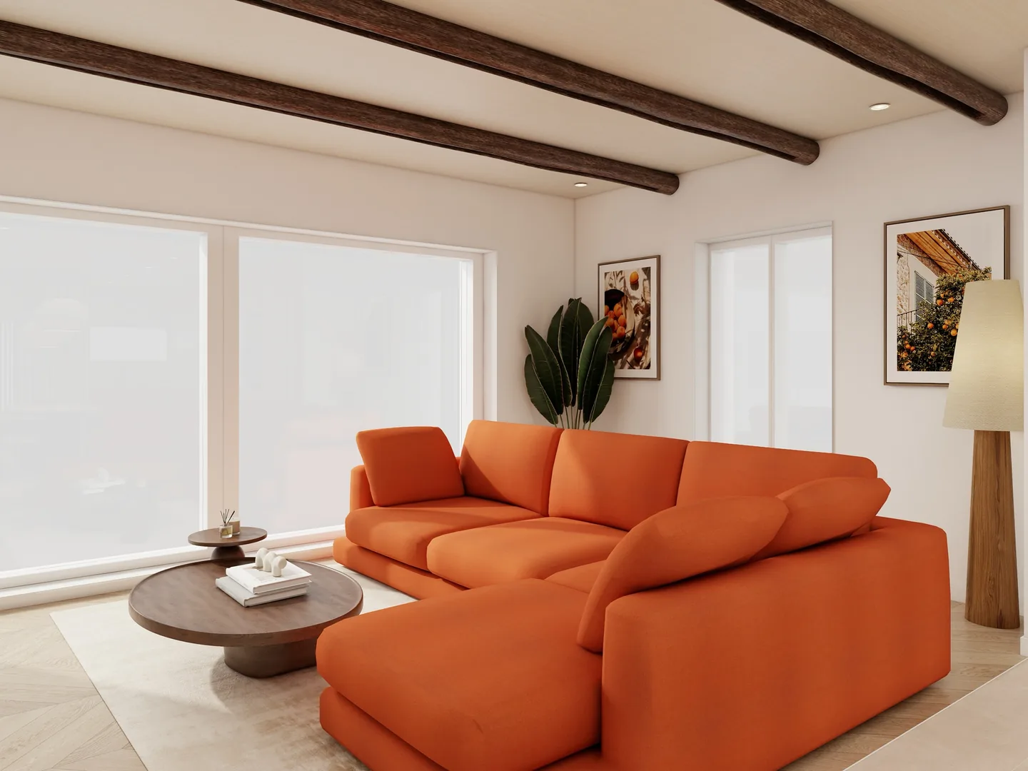 Rendu 3D d’un salon : canapé d’angle orange, table basse ronde en bois, poutres apparentes, lampadaire, grandes baies vitrées.
