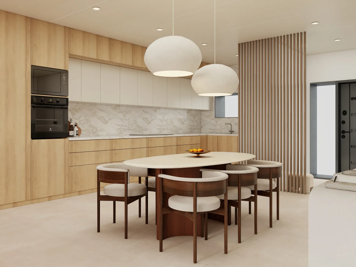 Rendu 3D d’une salle à manger ouverte sur la cuisine : table ovale, chaises en bois sombre, suspensions blanches en forme de galet, façades en bois clair.