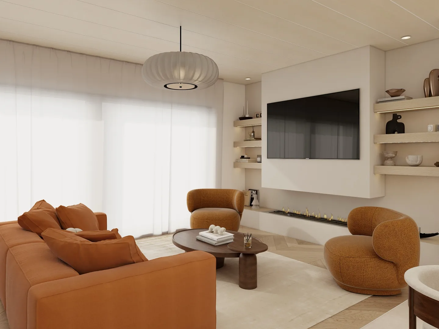 Rendu 3D d’un séjour : canapé orange, fauteuils en bouclette couleur rouille, cheminée linéaire sous la télévision, étagères éclairées, suspension en papier.