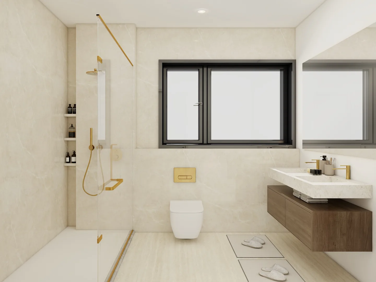 Rendu 3D d’une salle d’eau : douche vitrée à robinetterie dorée, plan vasque en pierre sur meuble en bois, fenêtre à cadre noir, carrelage beige.