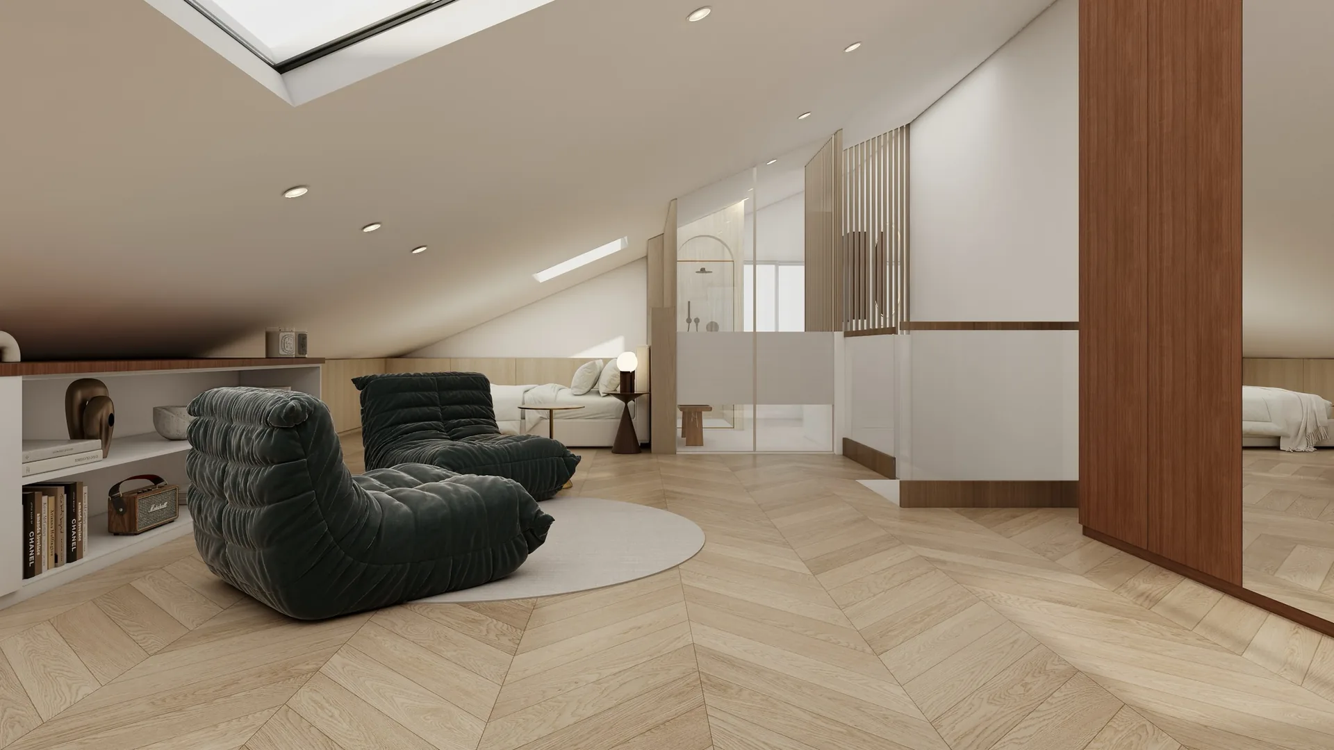 Rendu 3D d’un salon sous les combles : fauteuils bas en tissu vert sombre, parquet en chevrons, fenêtre de toit, bibliothèque basse.