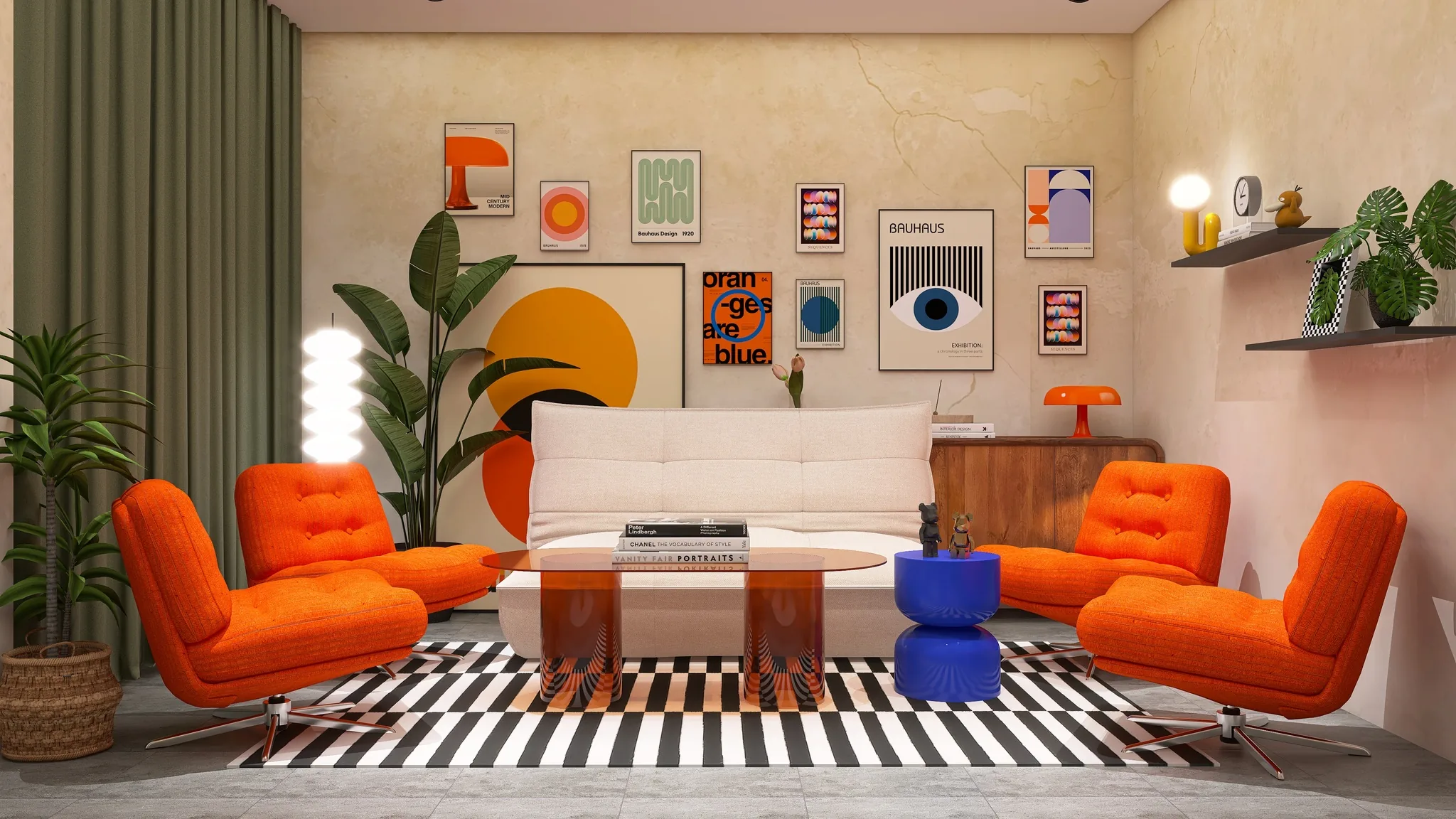 Rendu 3D d’un salon : fauteuils orange, canapé blanc, tapis rayé noir et blanc, mur d’affiches colorées, grand soleil peint.