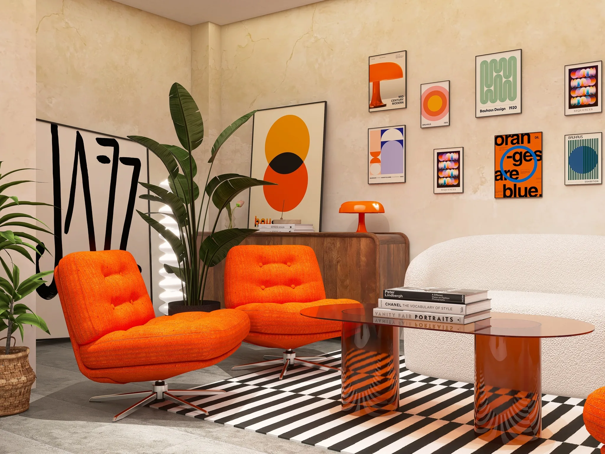 Rendu 3D d’un salon : fauteuils orange, table basse en verre ambré, affiches graphiques, palmier en pot.