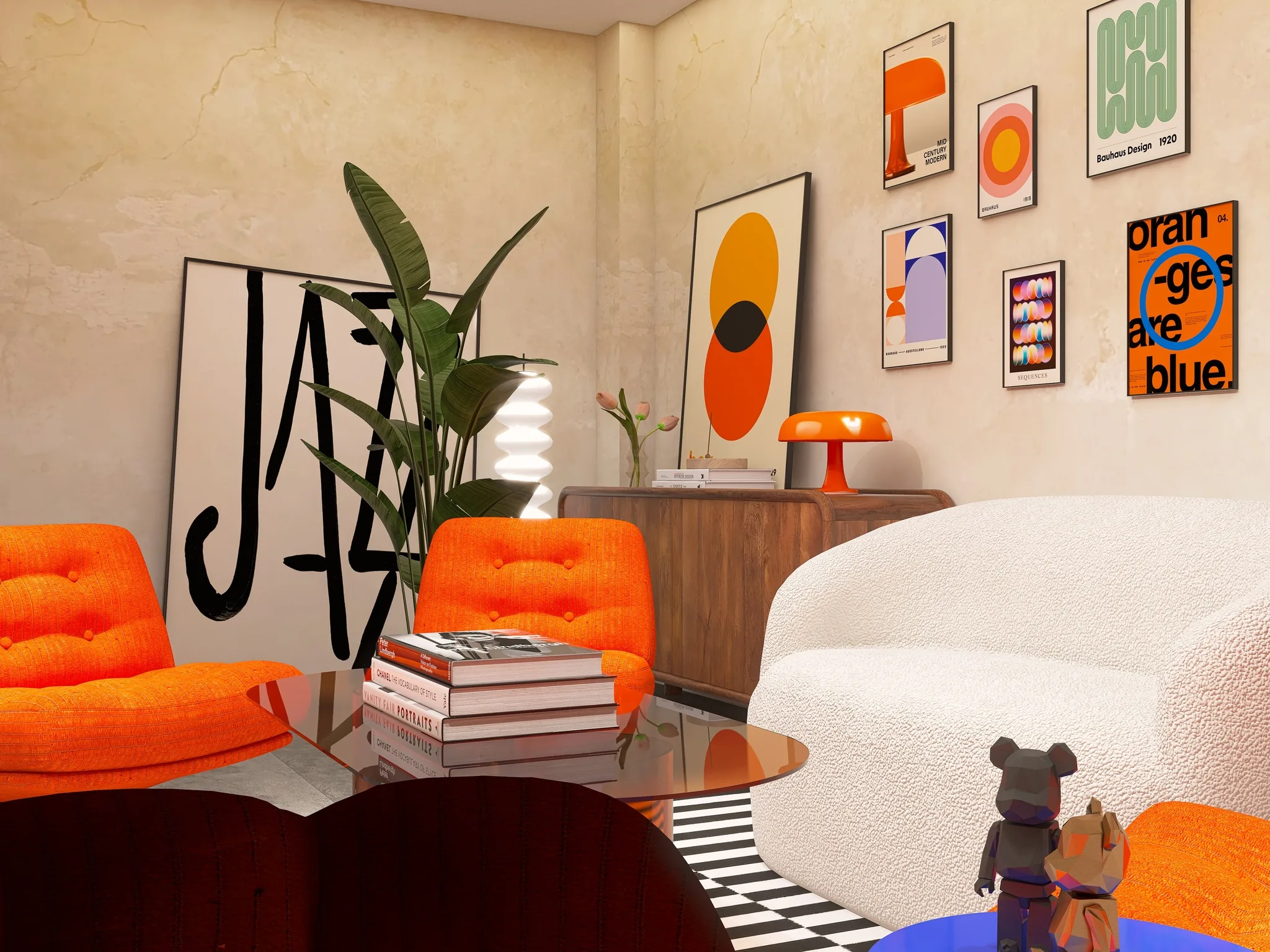 Rendu 3D d’un salon : grande affiche calligraphiée, fauteuil bouclé blanc, fauteuils orange, piles de livres, lampe orange.