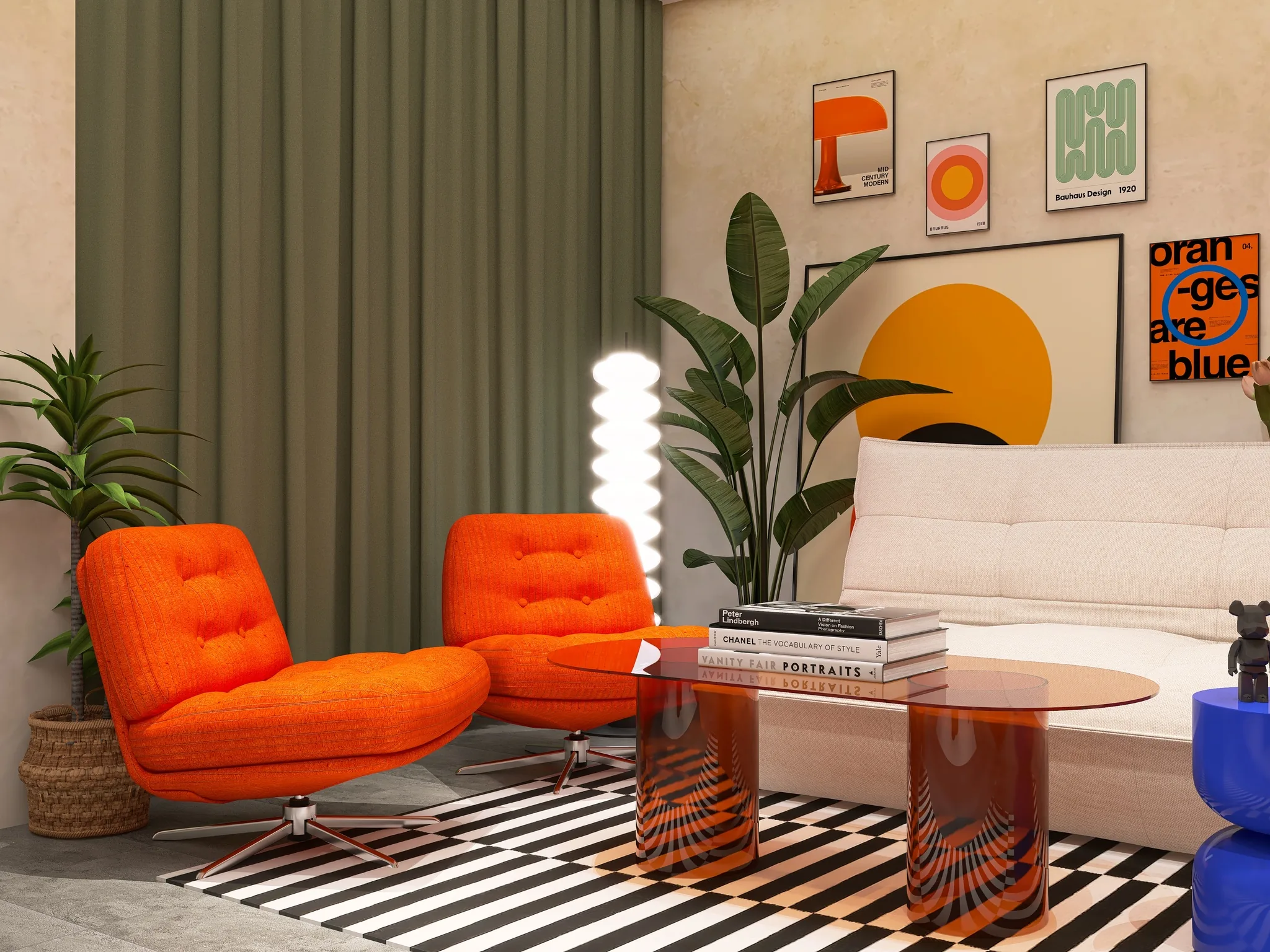 Rendu 3D d’un salon : rideaux vert olive, fauteuils orange, lampe colonne lumineuse, canapé blanc.