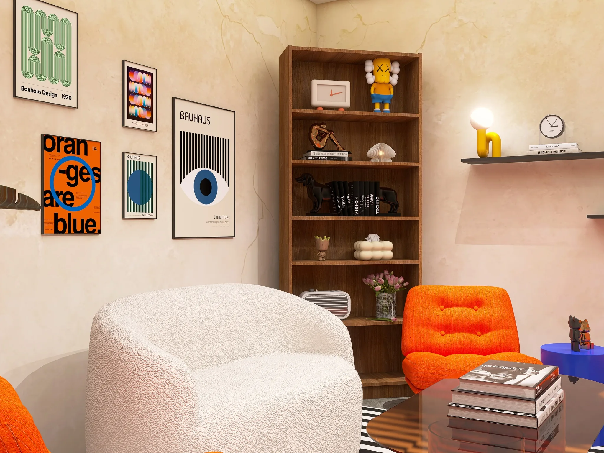 Rendu 3D d’un salon : fauteuil bouclé blanc, bibliothèque en bois, affiches graphiques, fauteuil orange.