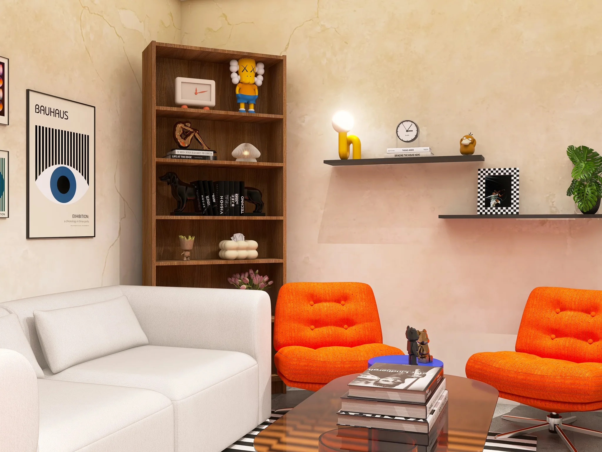 Rendu 3D d’un salon : canapé blanc, bibliothèque en bois, étagères murales, fauteuils orange, affiche à l’œil bleu.