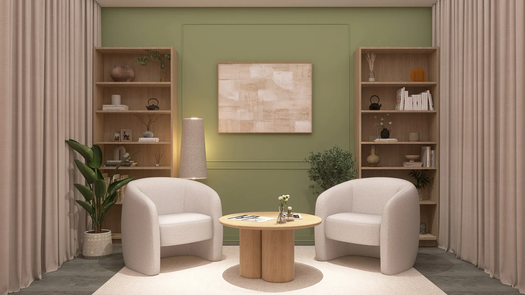 Rendu 3D d’un salon : deux fauteuils blancs arrondis, table basse en bois, mur vert sauge, bibliothèques, rideaux.