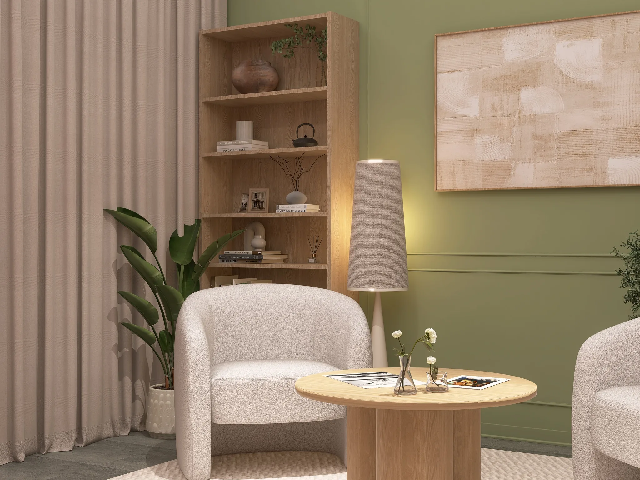 Rendu 3D d’un salon : fauteuil blanc, lampadaire beige, bibliothèque en bois, mur vert sauge, tableau abstrait.