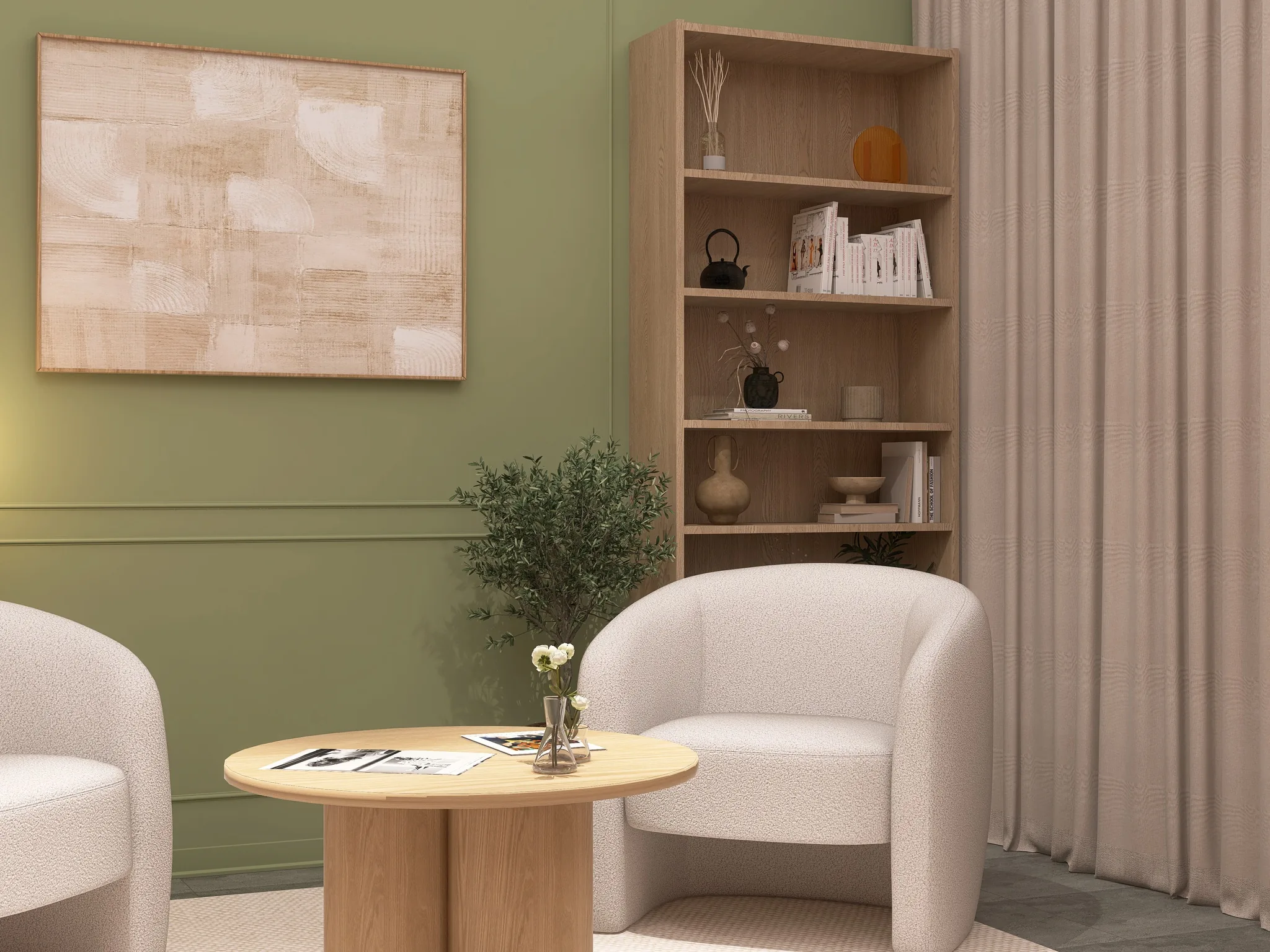 Rendu 3D d’un salon : fauteuil blanc, table ronde en bois, tableau beige sur un mur vert sauge, rideaux.