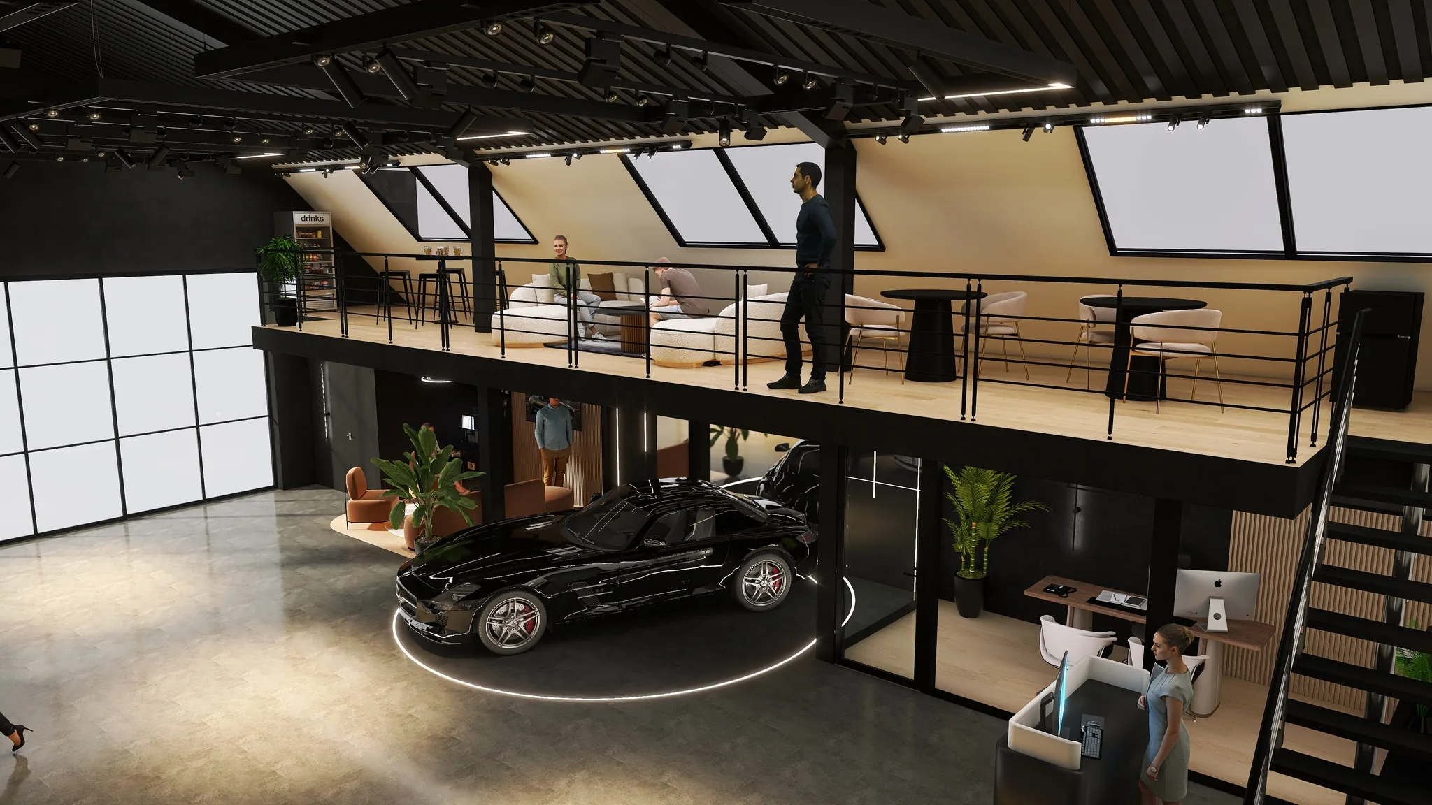 Rendu 3D d’un showroom automobile : voiture noire sur un plateau tournant lumineux, mezzanine à garde-corps noir, verrières de toit.