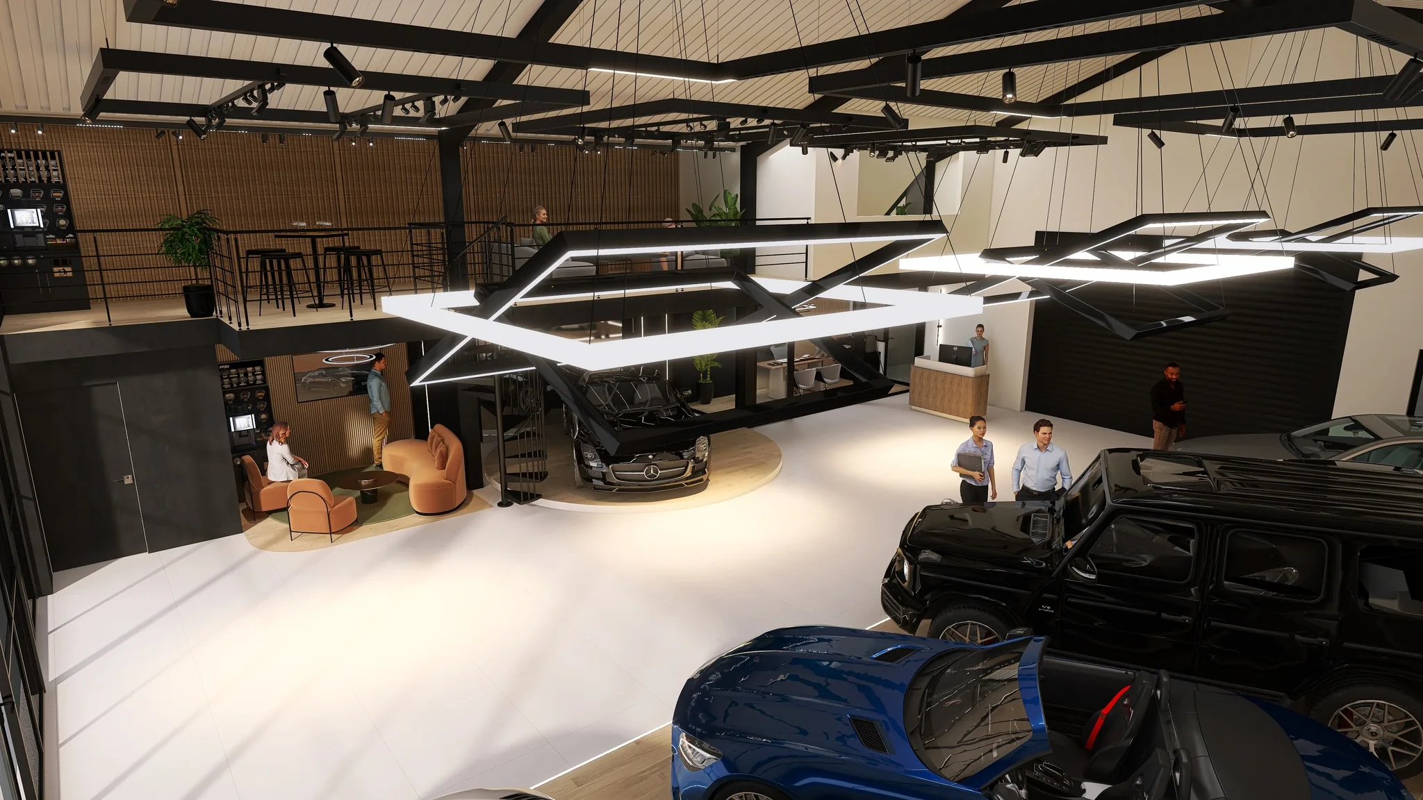 Rendu 3D d’un showroom automobile : voitures exposées, suspensions lumineuses carrées, coin salon aux fauteuils orange, charpente noire.