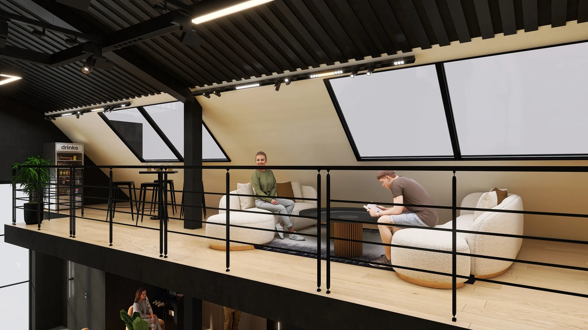 Rendu 3D d’une mezzanine : canapés blancs arrondis, garde-corps noir, grandes verrières inclinées.