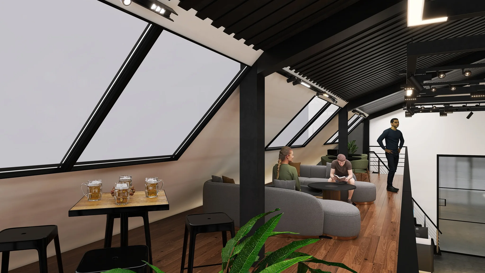 Rendu 3D d’un salon sous verrière : canapés gris arrondis, table haute et tabourets, parquet en bois.