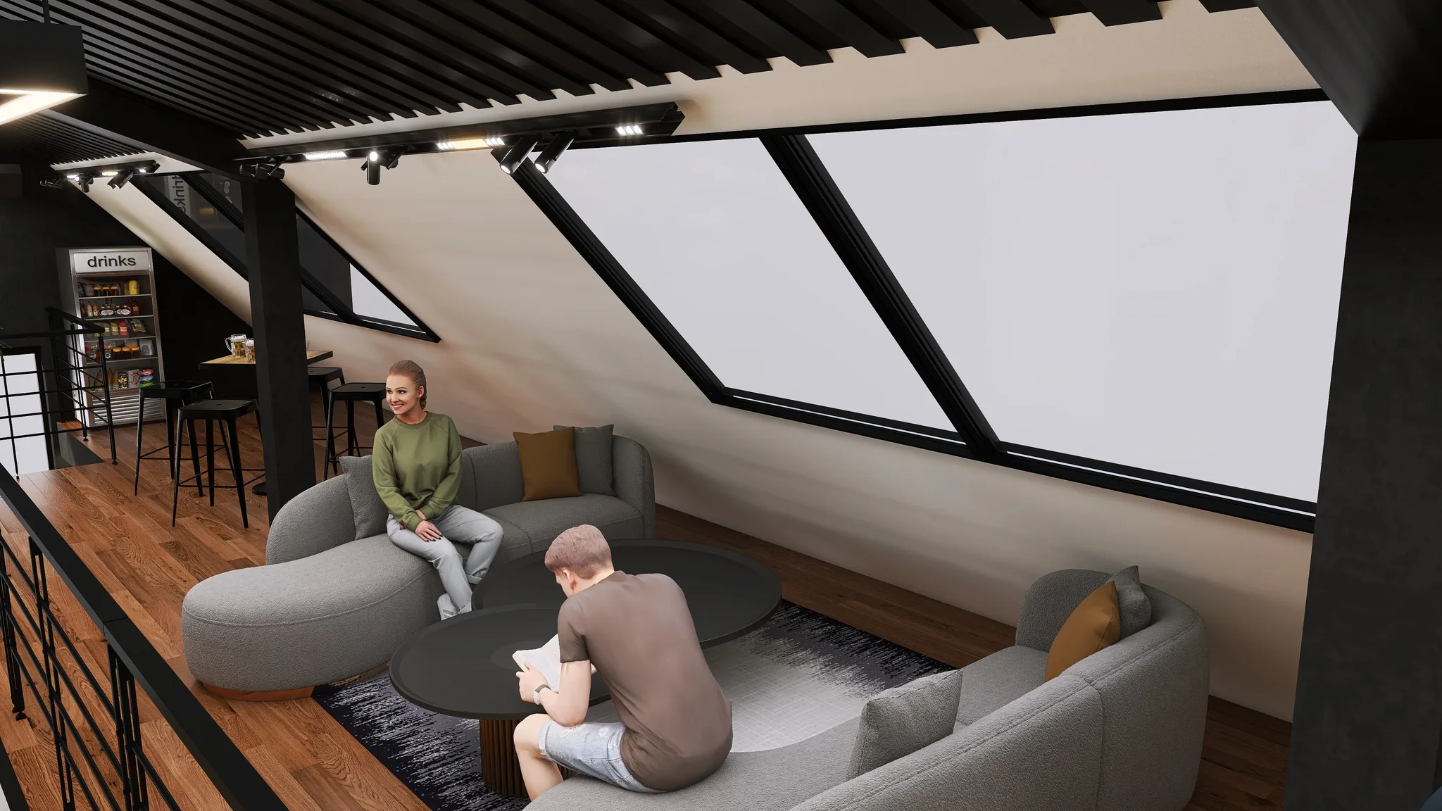 Rendu 3D d’un salon sous les toits : canapé gris en courbe, verrières inclinées, garde-corps noir.
