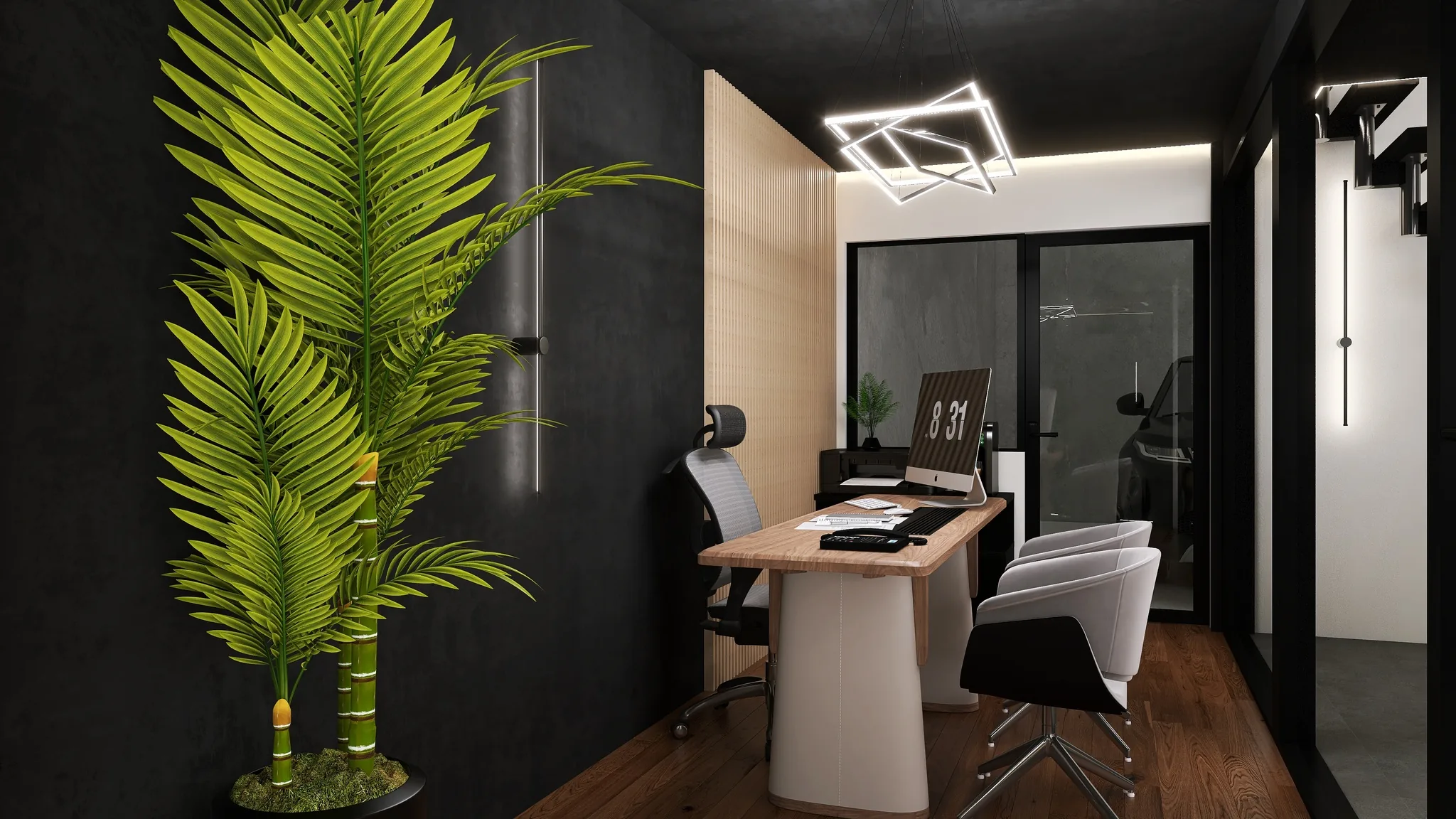 Rendu 3D d’un bureau : poste de travail en bois clair, fauteuils gris, palmier en pot, suspension lumineuse carrée, murs noirs.