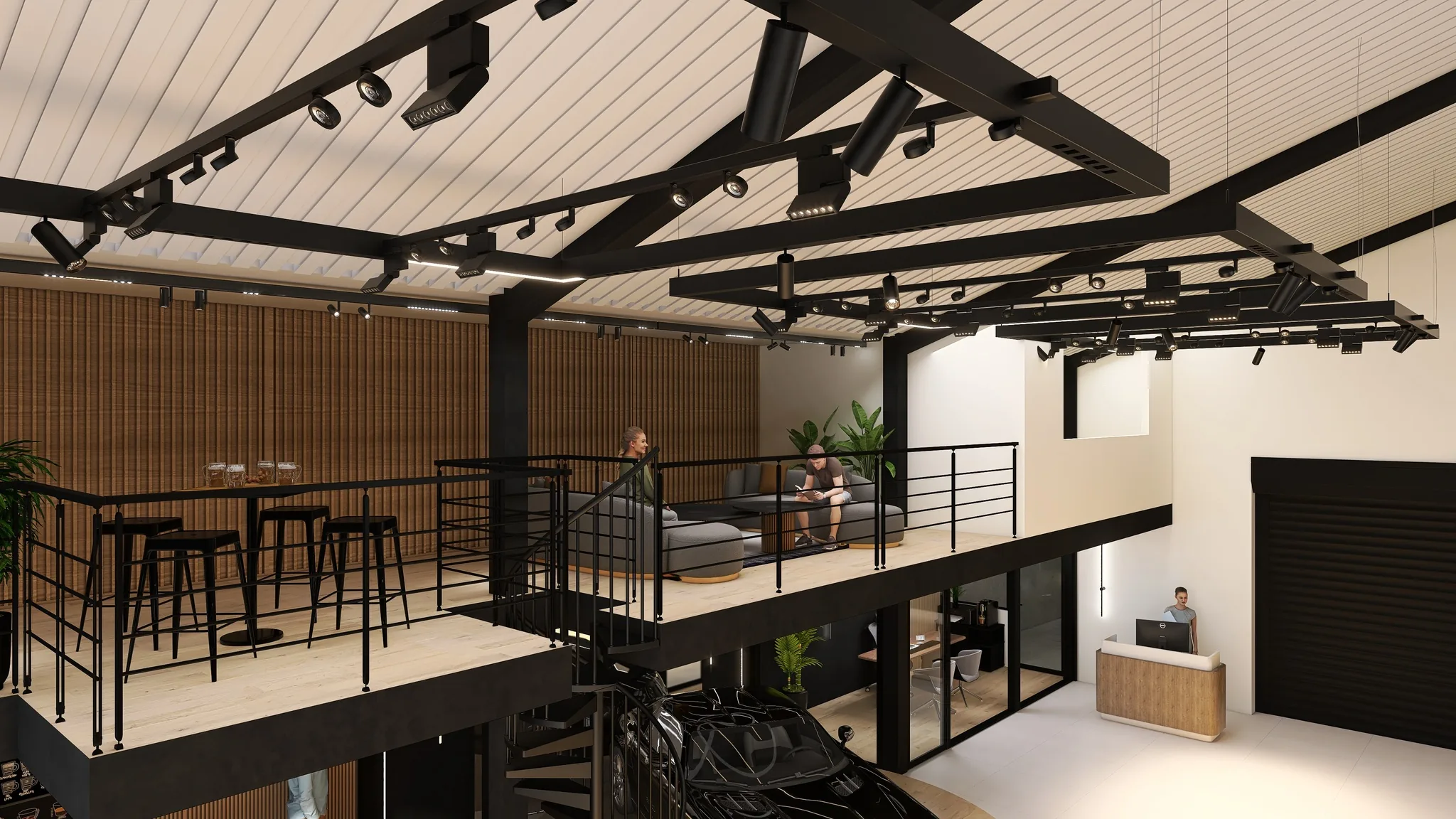 Rendu 3D d’une mezzanine : bar aux tabourets noirs, salon, plafond à lames de bois et rails de spots.