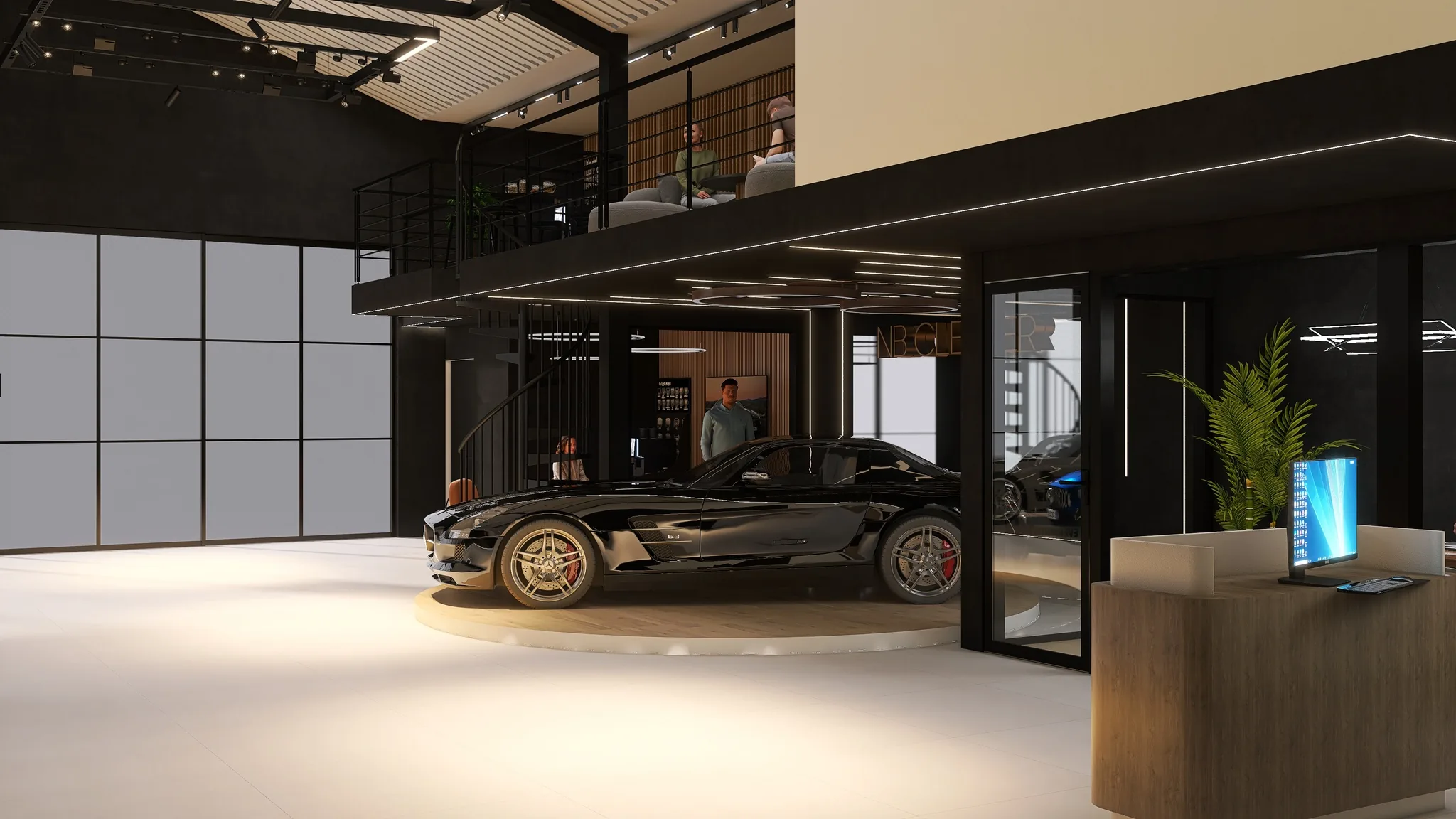 Rendu 3D d’un showroom : voiture de sport noire sur un plateau rond, bureau d’accueil en bois, verrière noire.