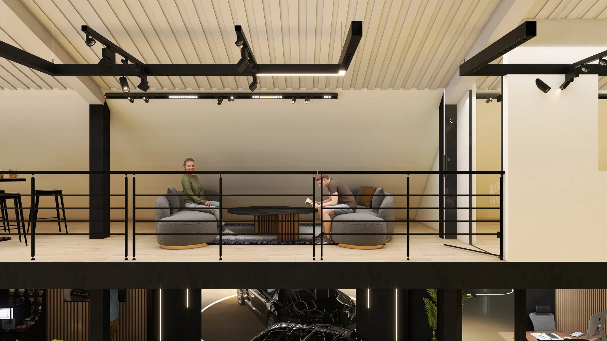 Rendu 3D d’une mezzanine vue depuis le hall : salon aux canapés gris, garde-corps noir, plafond à lames claires.