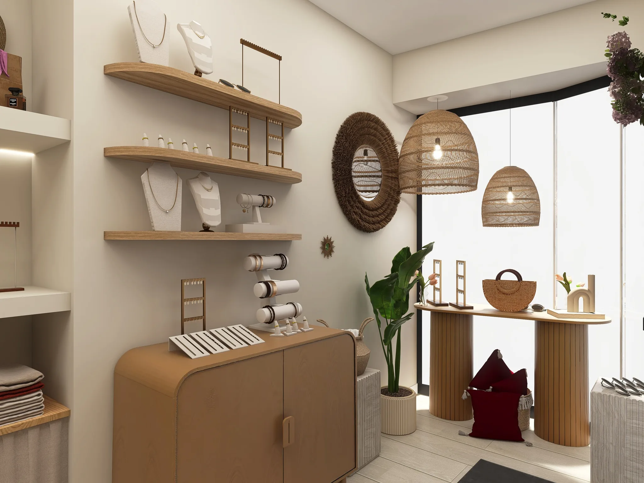 Rendu 3D d’une boutique : étagères de bijoux, buffet en bois arrondi, suspensions en rotin, vitrine.