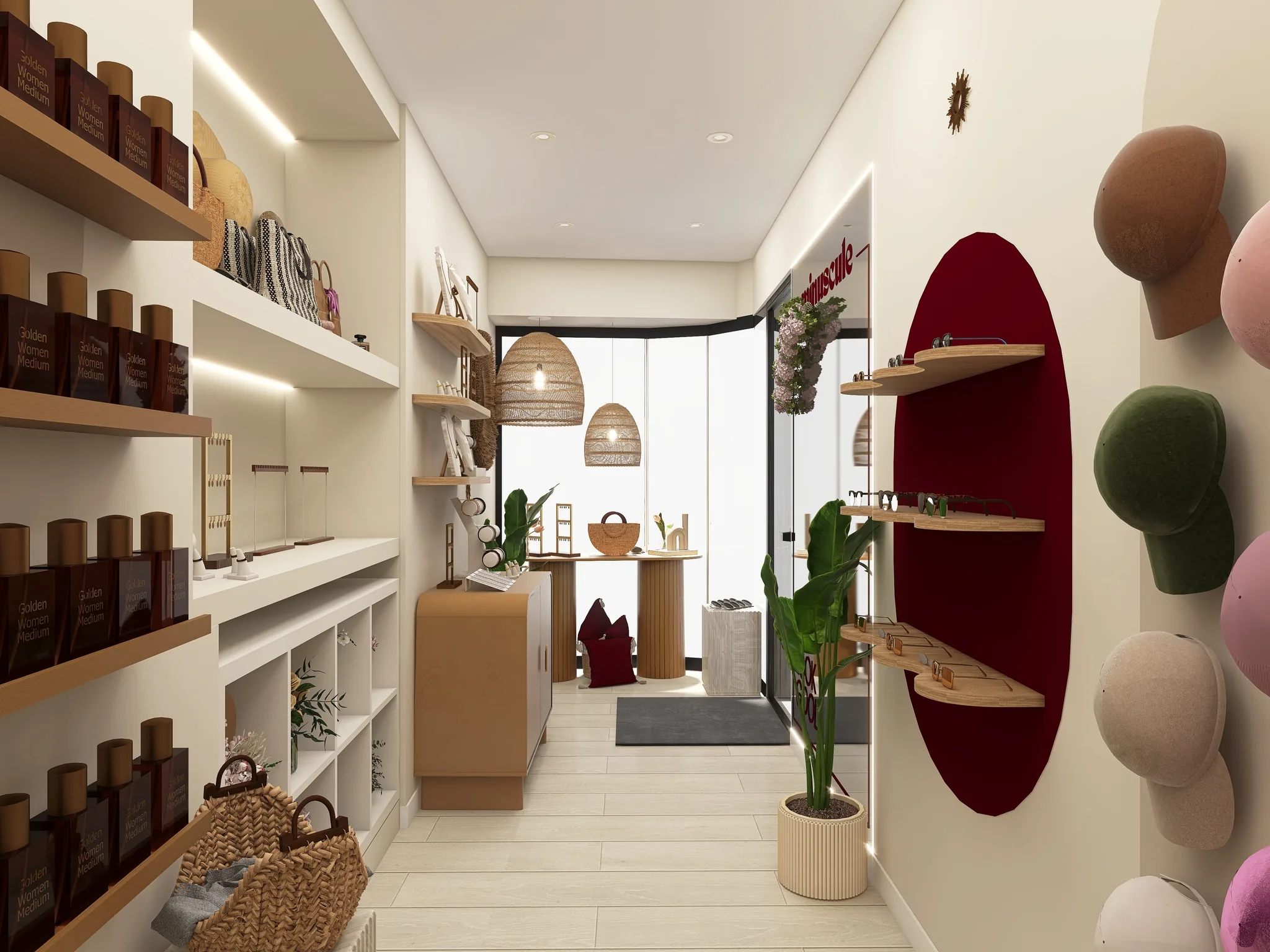 Rendu 3D d’une boutique en longueur : étagères de flacons, niche ovale bordeaux, casquettes accrochées au mur.