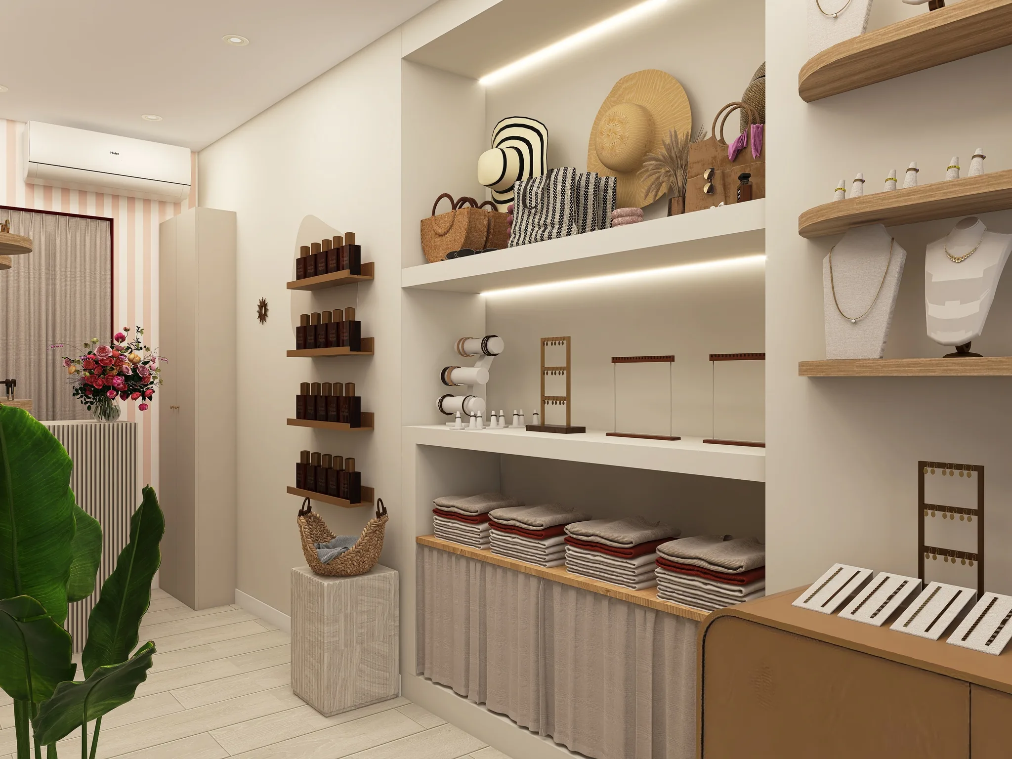 Rendu 3D d’une boutique : niches éclairées garnies de chapeaux et de bijoux, linge plié, grande plante.