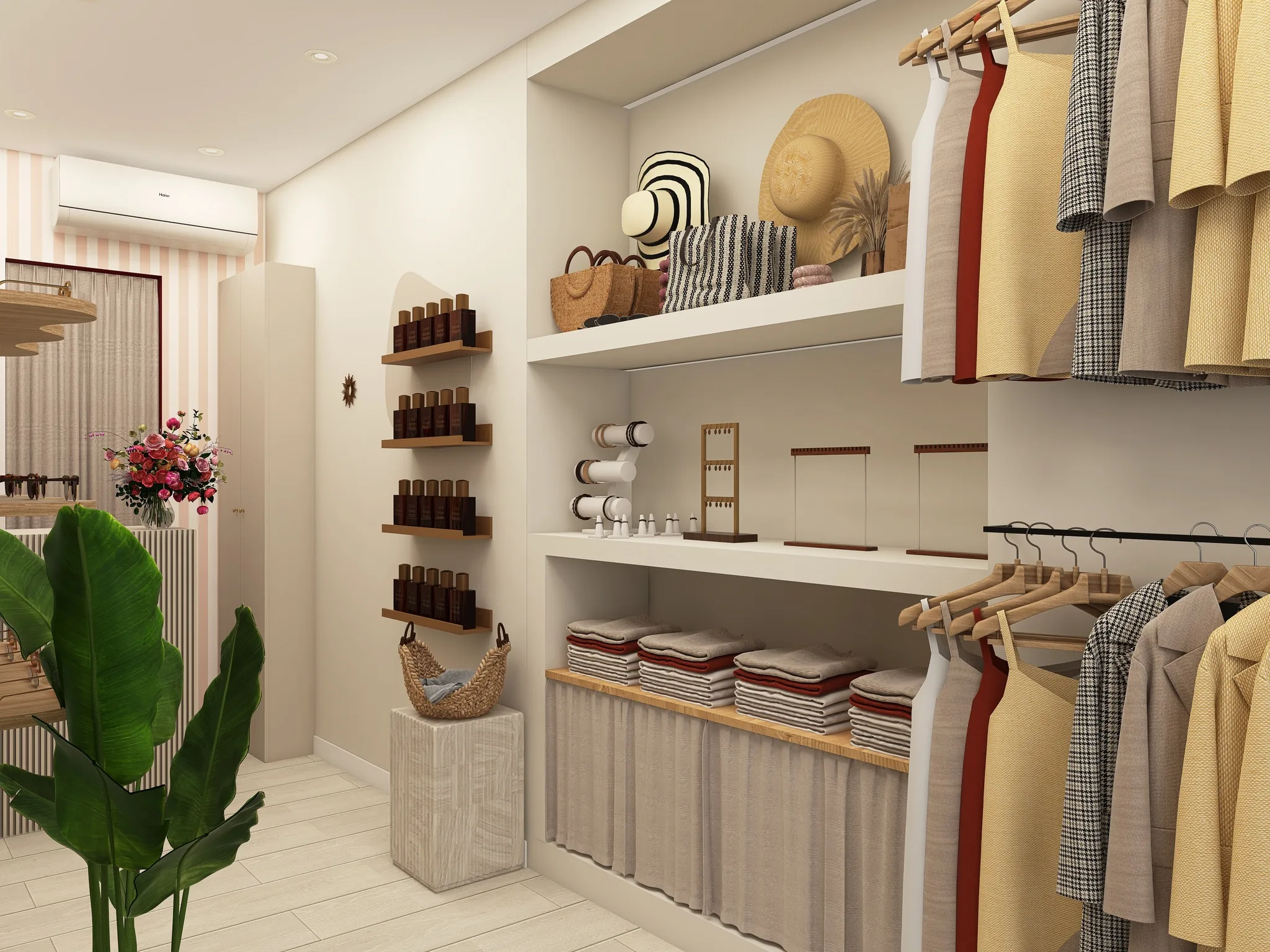 Rendu 3D d’une boutique : portant de vêtements, chapeaux de paille, étagères de flacons, bouquet de fleurs.