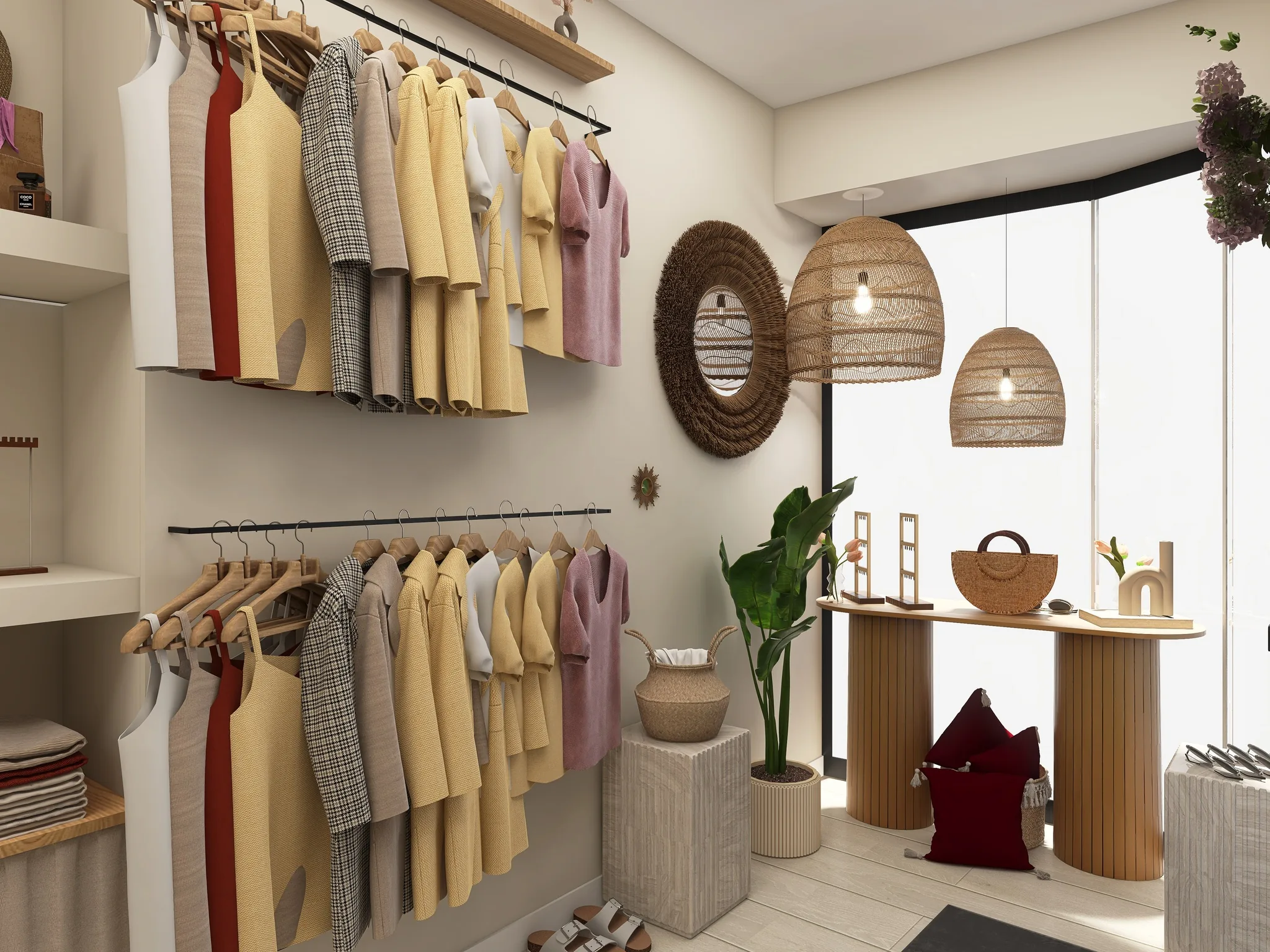 Rendu 3D d’une boutique : portants de vêtements pastel, miroir en rotin, suspensions en rotin, vitrine.