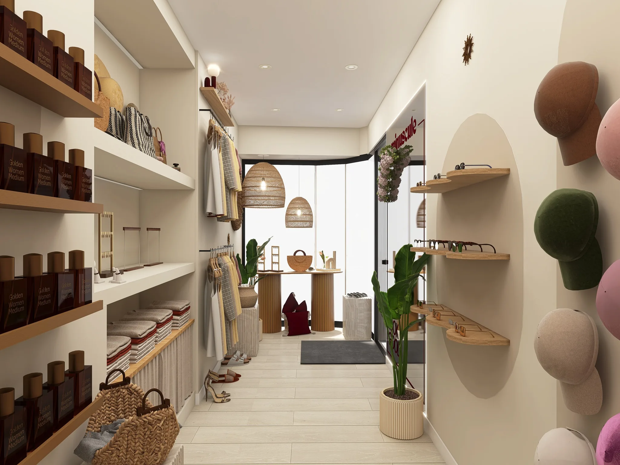 Rendu 3D d’une boutique en longueur : casquettes au mur, étagères de flacons et de sacs, suspensions en rotin.