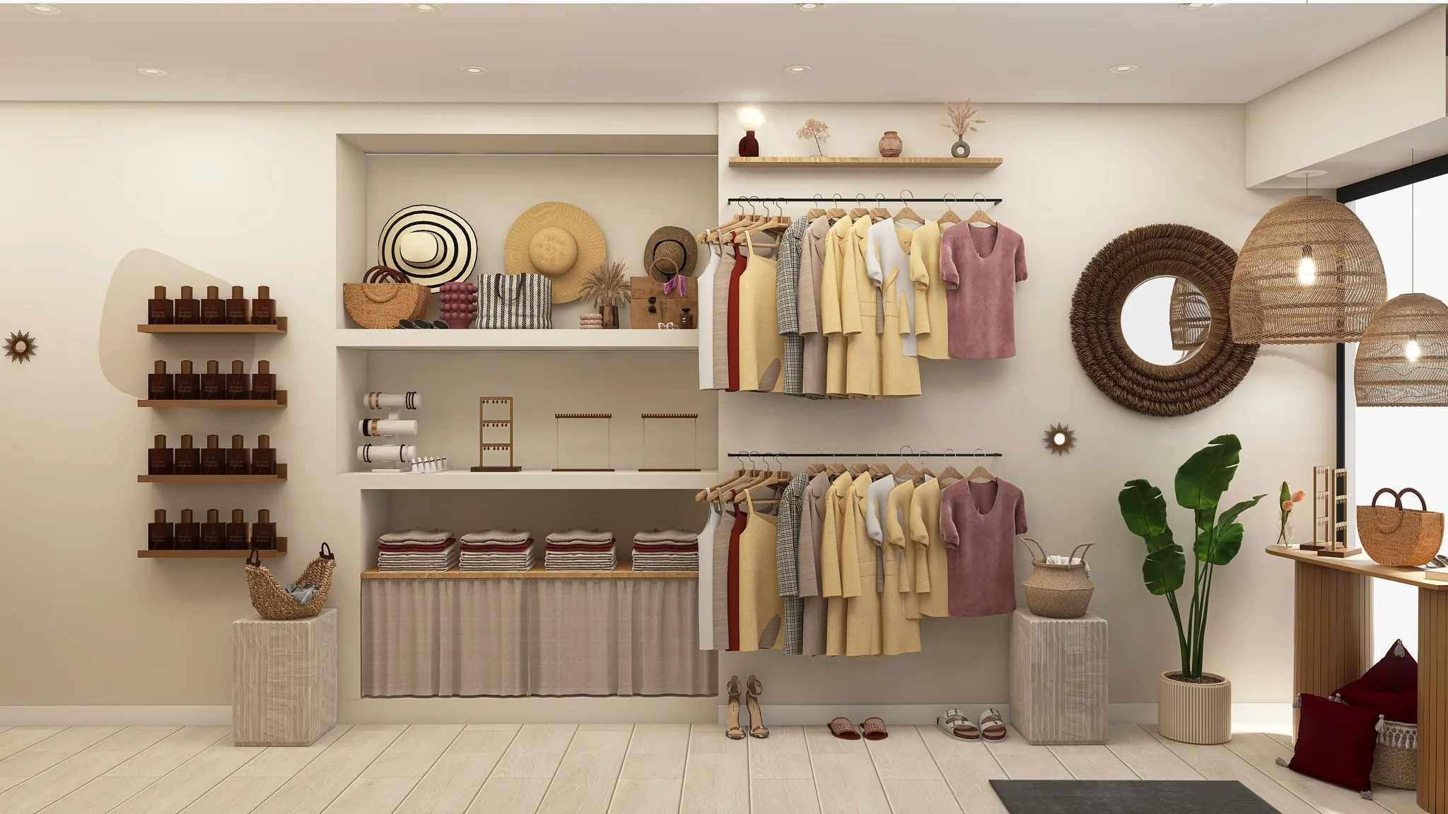Rendu 3D d’une boutique : mur de présentation aux chapeaux, vêtements et flacons, miroir en rotin.