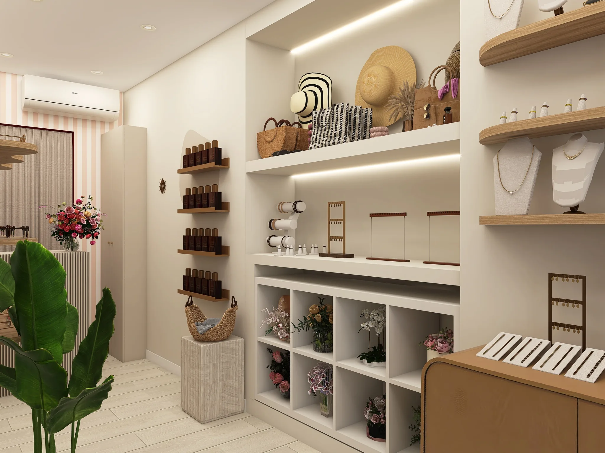 Rendu 3D d’une boutique : casiers garnis de fleurs, étagères de bijoux, chapeaux de paille.