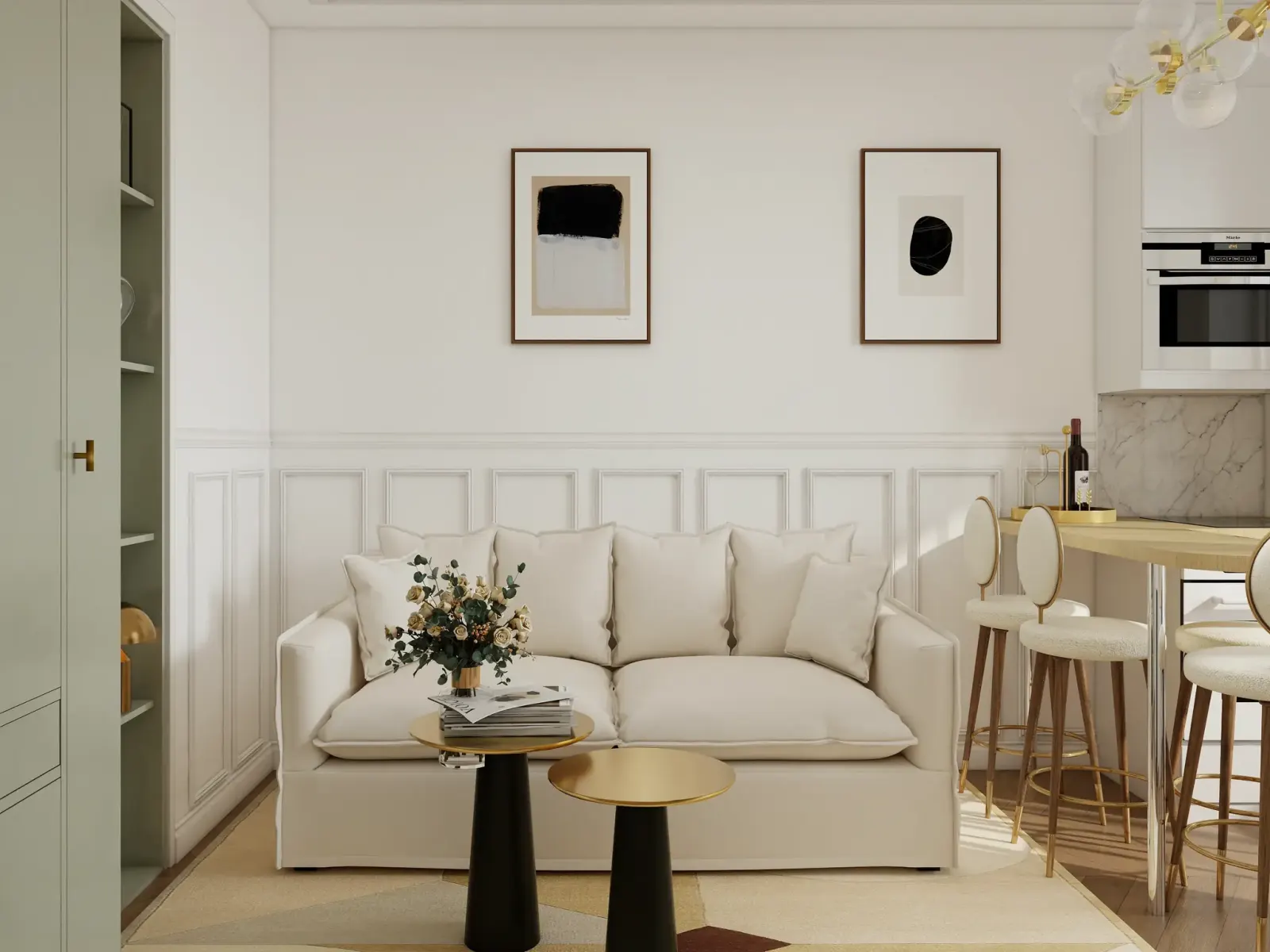 Rendu 3D d’un studio : canapé blanc, lambris blancs, meuble vert sauge, tables d’appoint noir et laiton.