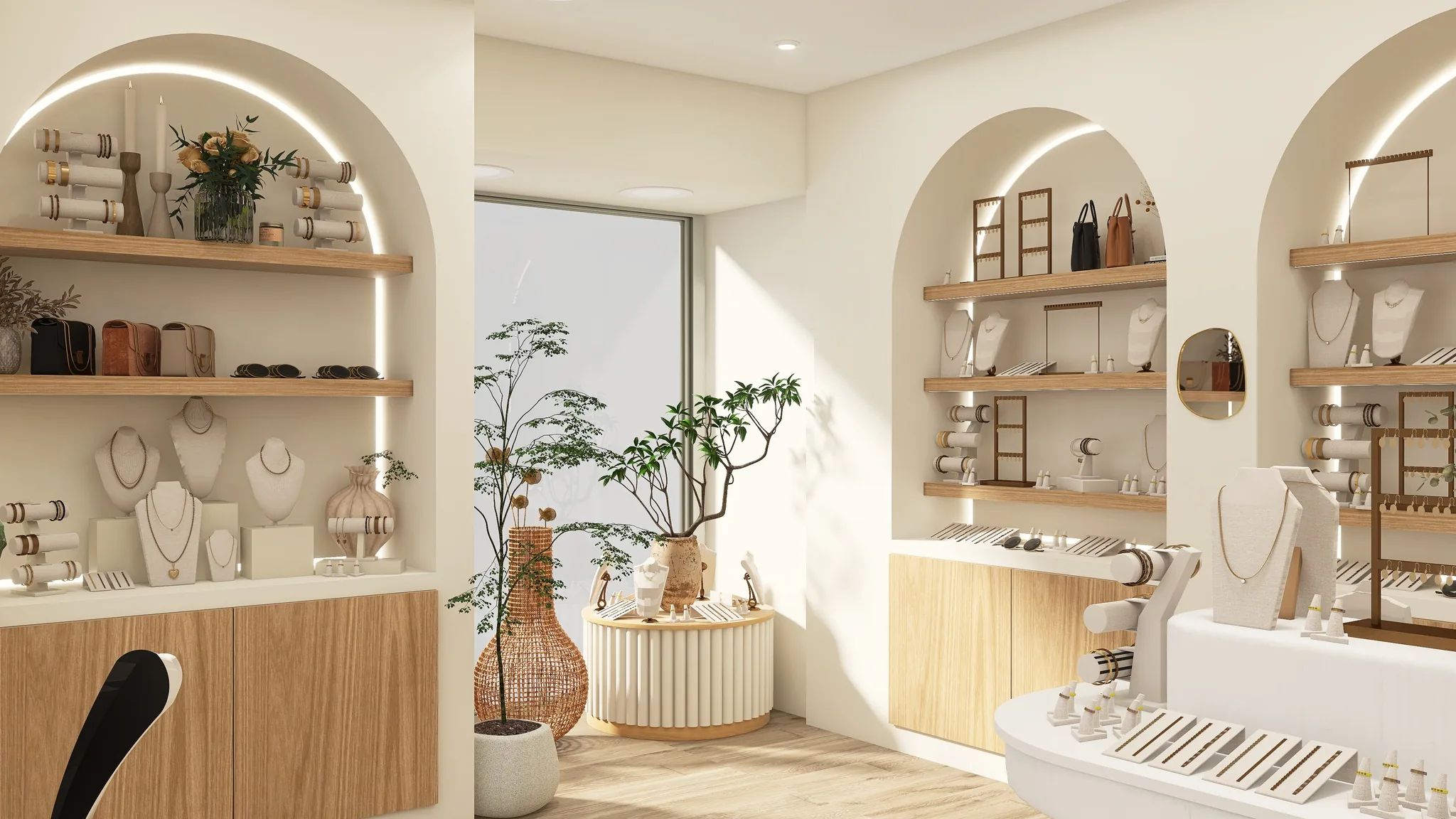 Rendu 3D d’une bijouterie : niches en arche, présentoir blanc arrondi, vases en rotin, plantes.