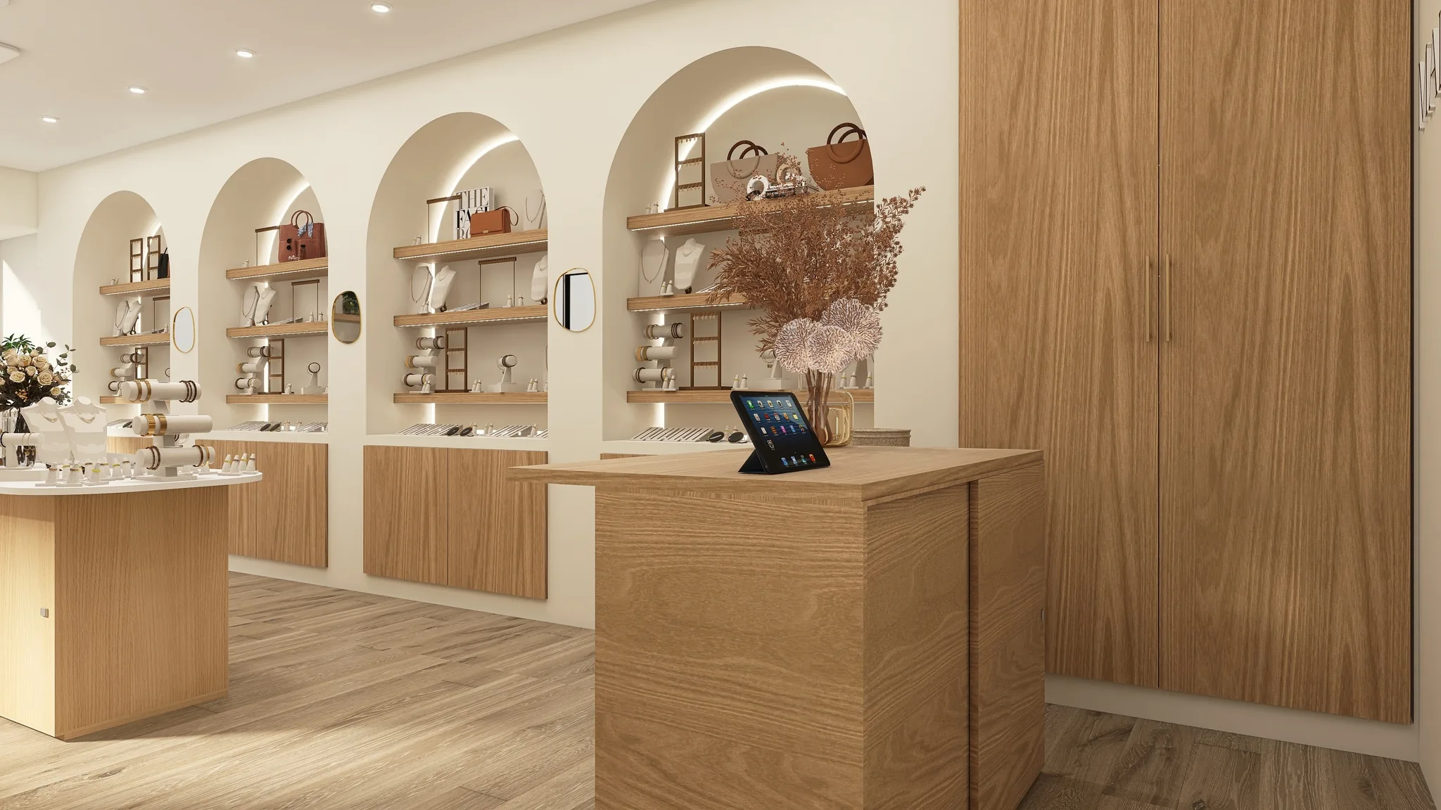 Rendu 3D d’une bijouterie : comptoir de caisse en bois clair, niches en arche éclairées, bouquet de fleurs séchées.