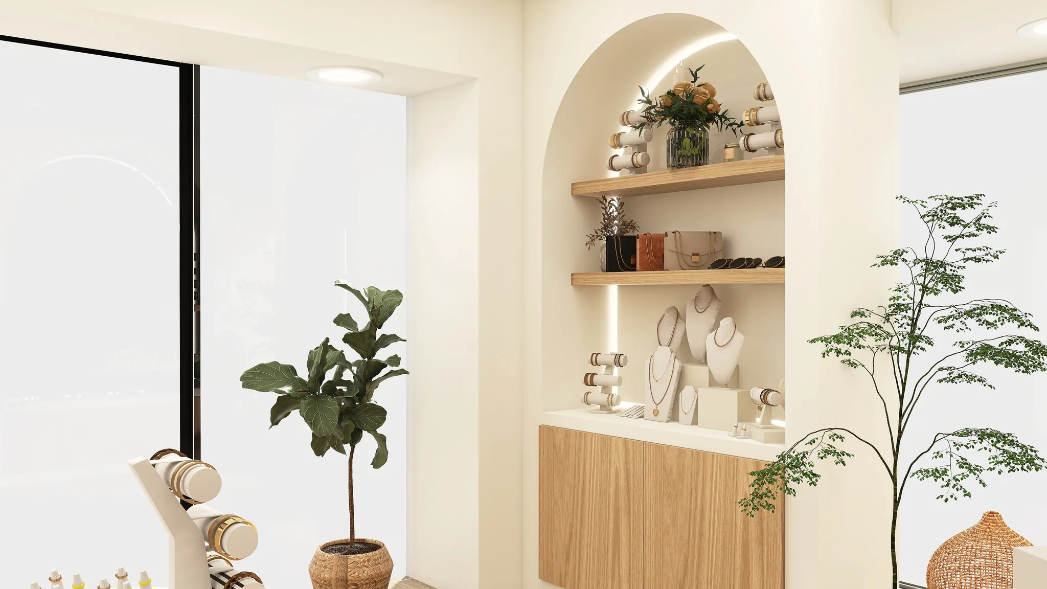 Rendu 3D d’une niche en arche : étagères de bijoux, arbuste en pot, vase en rotin, vitrine sur la rue.