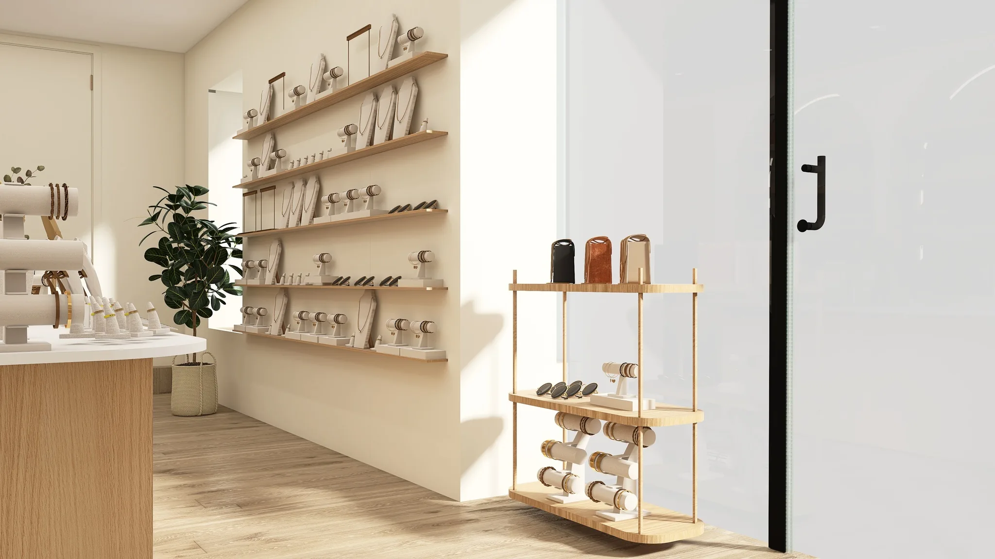 Rendu 3D d’une bijouterie : étagères murales de bijoux, présentoir en bois, porte vitrée.