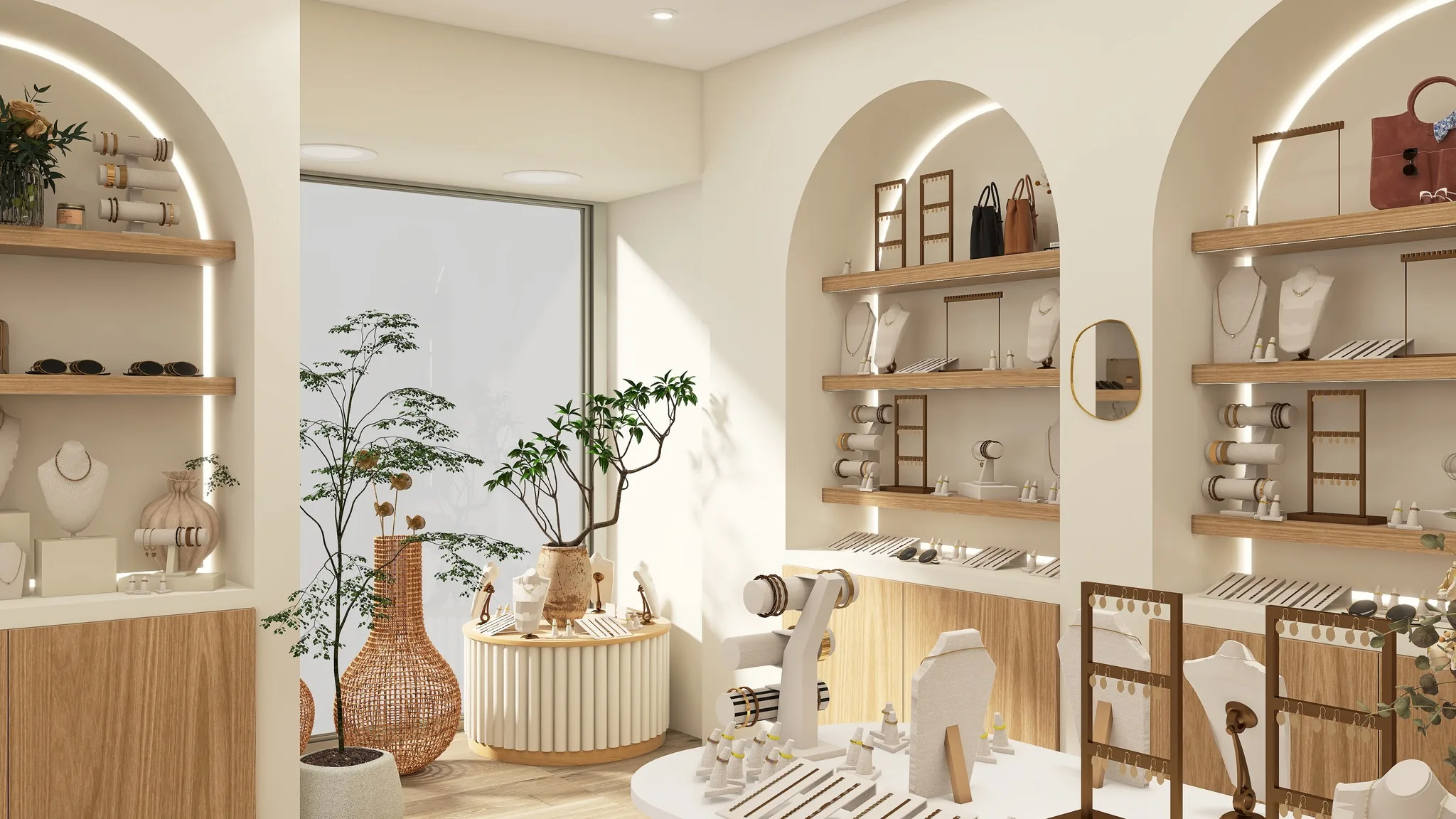 Rendu 3D d’une bijouterie : niches en arche, présentoirs de bijoux, grands vases en rotin, plantes.