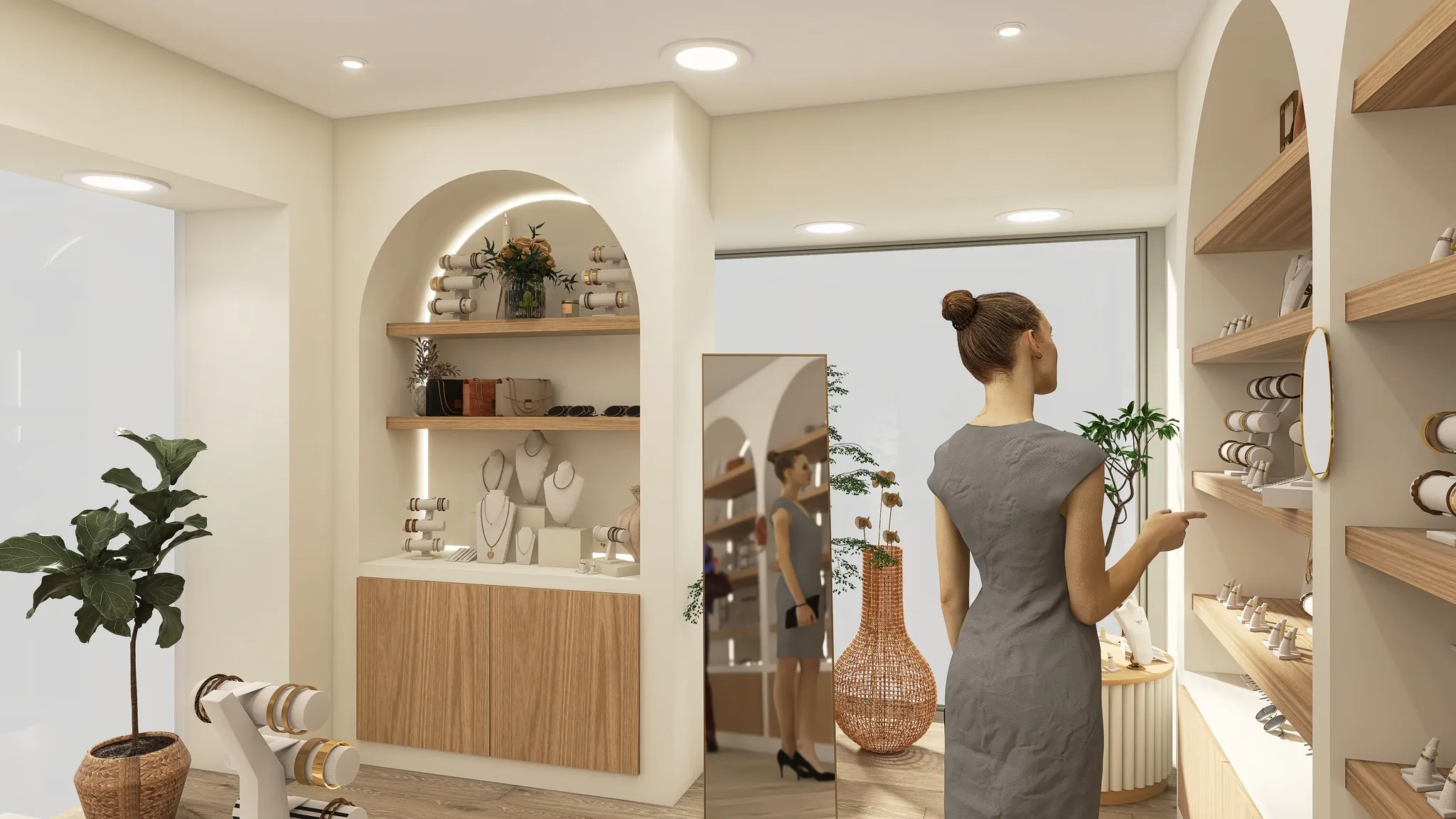 Rendu 3D d’une bijouterie : niche en arche éclairée, miroir sur pied, cliente devant une étagère.