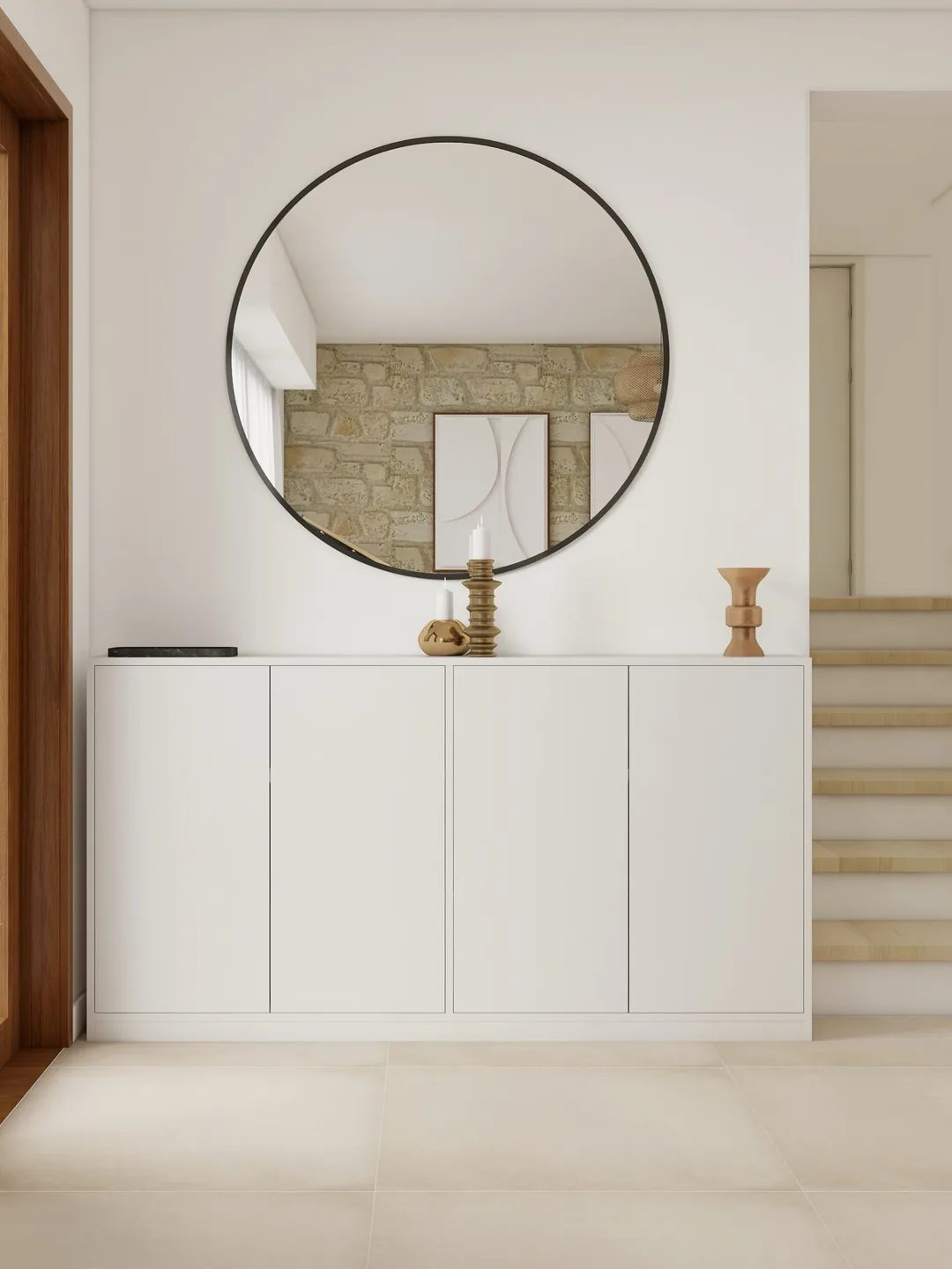 Rendu 3D d’une entrée : miroir rond, rangements blancs, mur en pierre en fond.