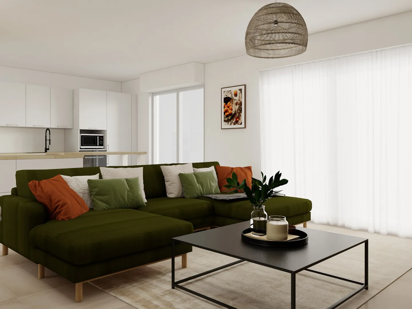 Rendu 3D d’un salon : canapé d’angle en velours vert, coussins orange, table basse noire, suspension en rotin.