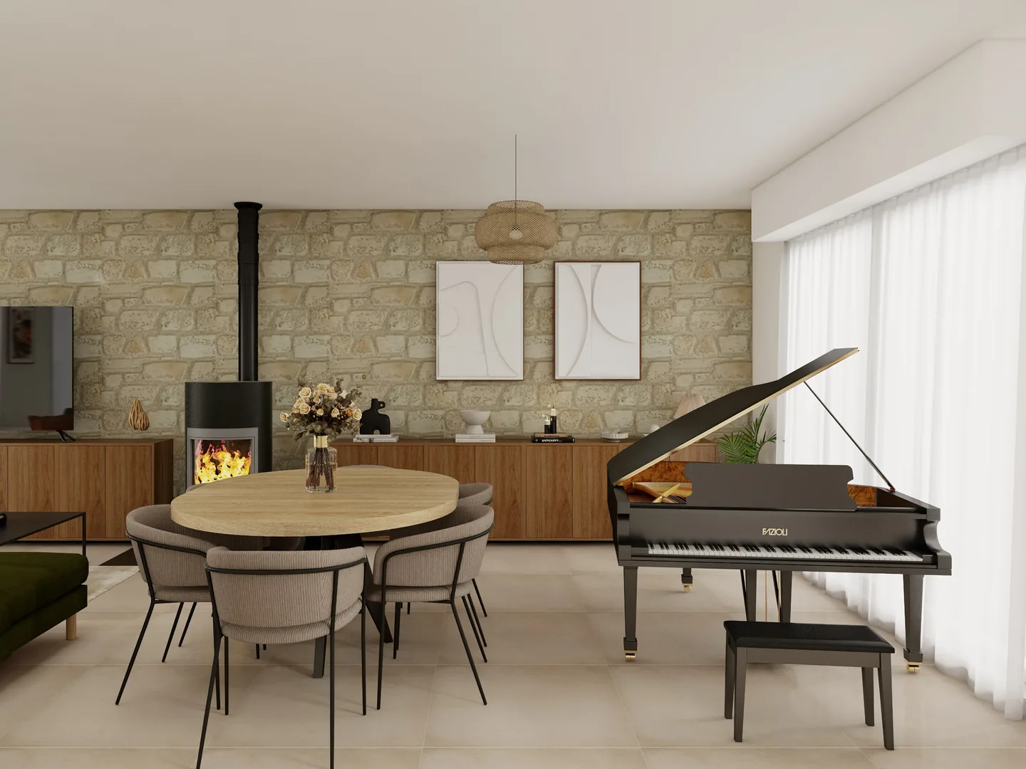 Rendu 3D d’un séjour : mur en pierre apparente, poêle à bois, table ronde en bois, piano à queue noir, voilages.