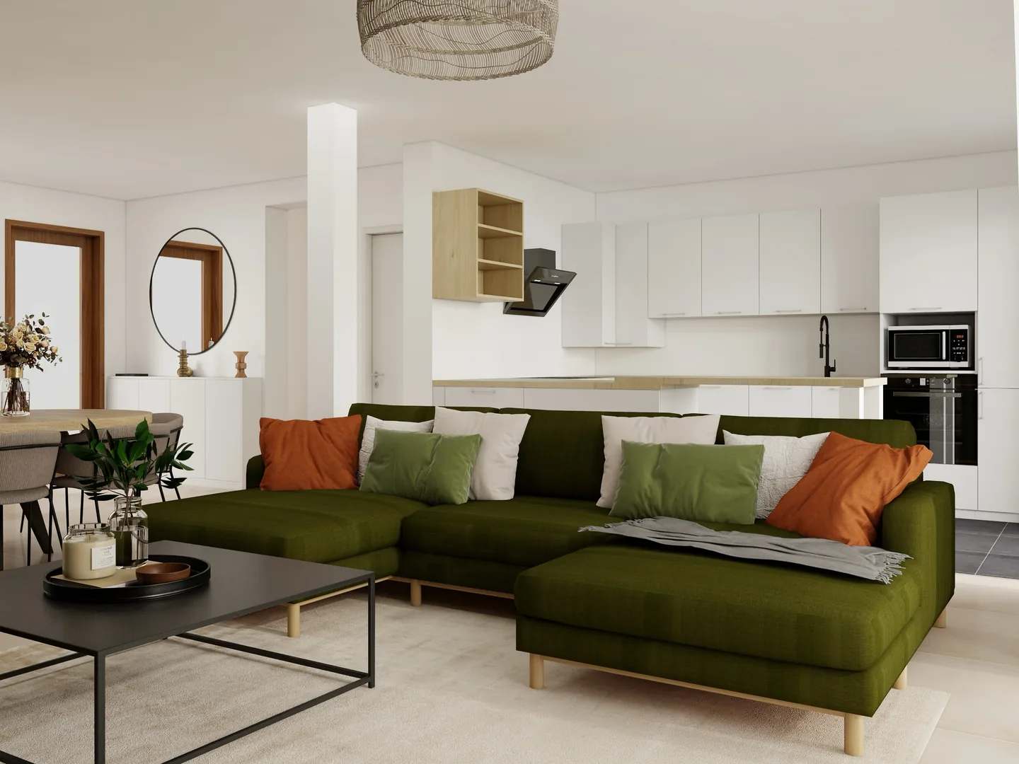 Rendu 3D d’un salon : canapé d’angle en velours vert, coussins orange, table basse noire, cuisine blanche en fond.