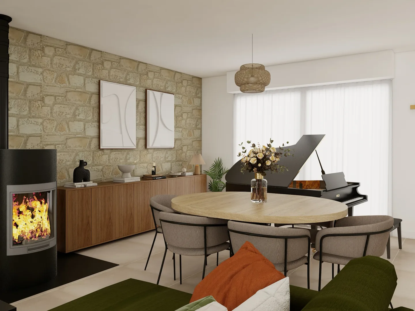 Rendu 3D d’une salle à manger : poêle à bois, table ronde en bois, chaises beiges, piano à queue, mur en pierre apparente.