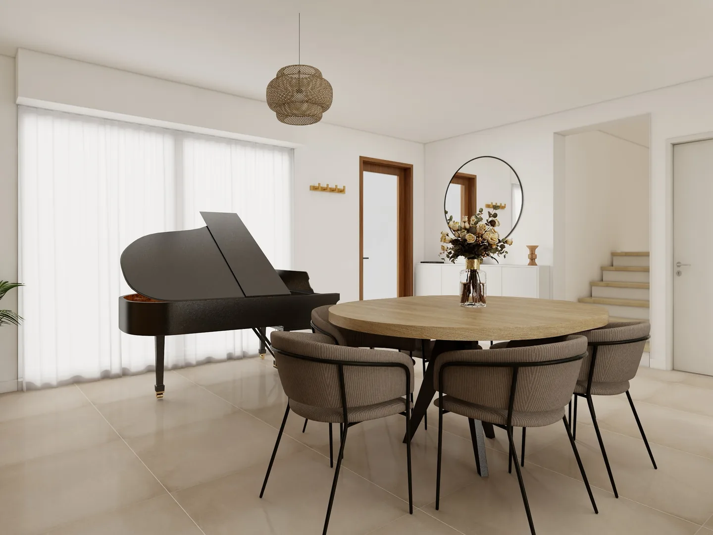 Rendu 3D d’une salle à manger : table ronde en bois, chaises beiges, piano à queue noir, miroir rond, escalier en fond.