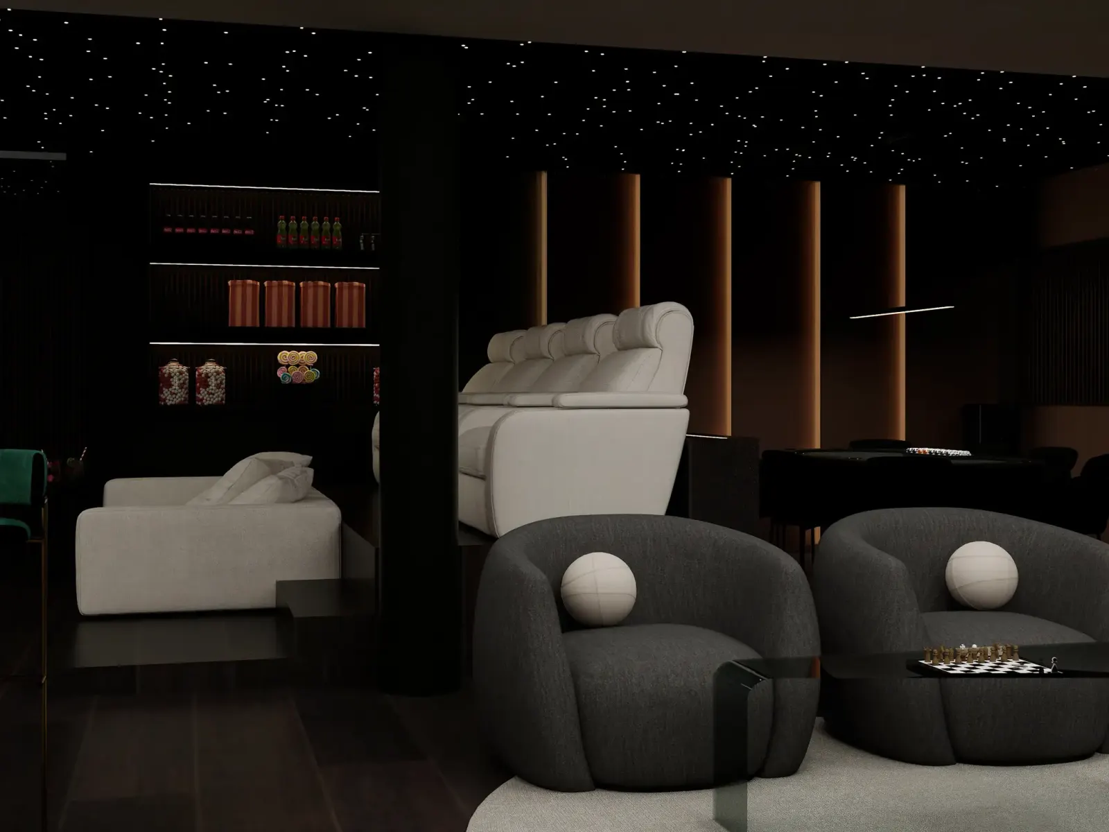Rendu 3D d’une salle de jeux au plafond étoilé : rangée de fauteuils de cinéma blancs, fauteuils ronds gris, échiquier sur une table basse, étagères de confiseries.
