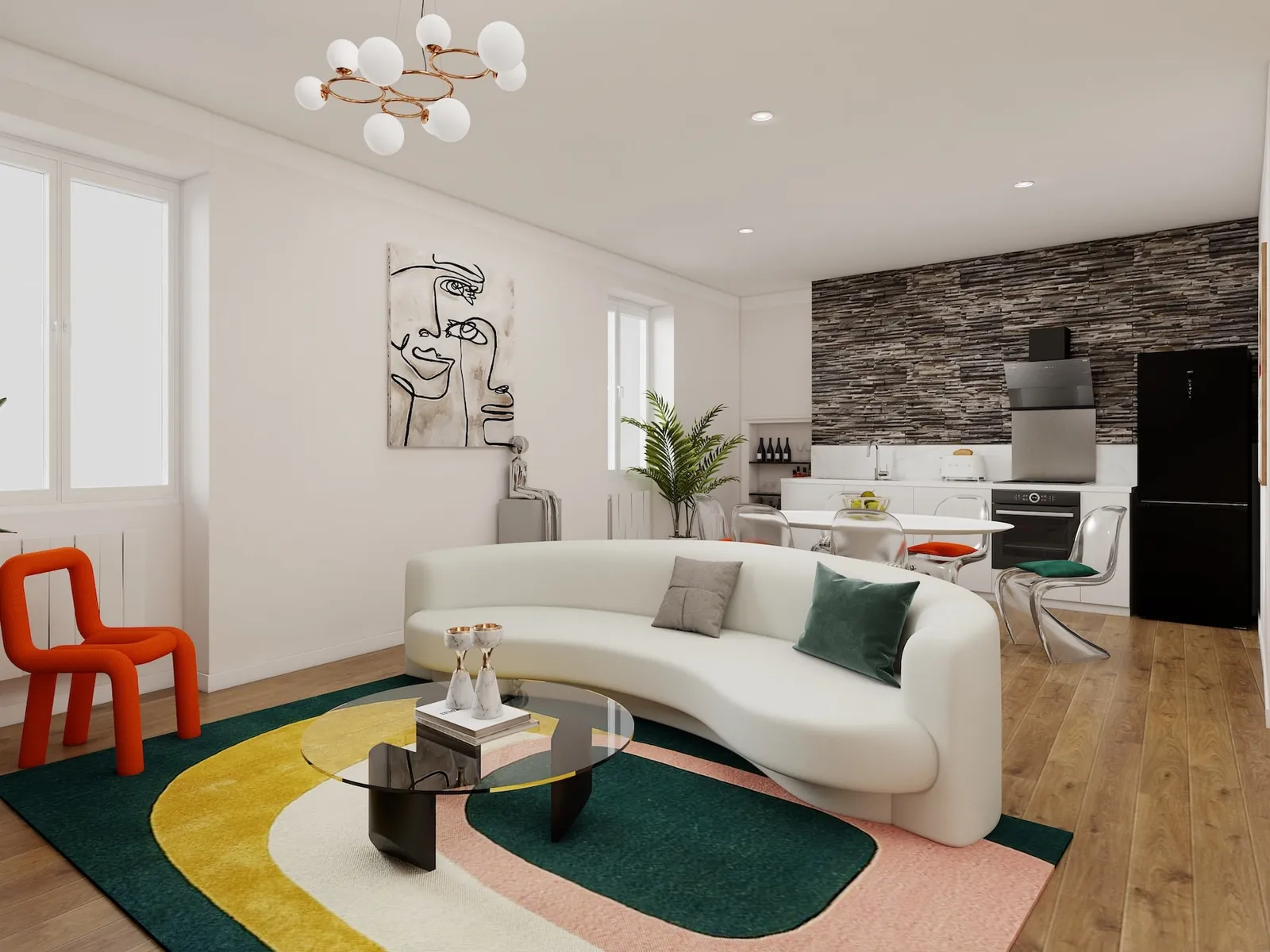 Rendu 3D d’un séjour : canapé courbe blanc, tapis aux formes vertes, jaunes et roses, chaise orange, mur de pierre côté cuisine.