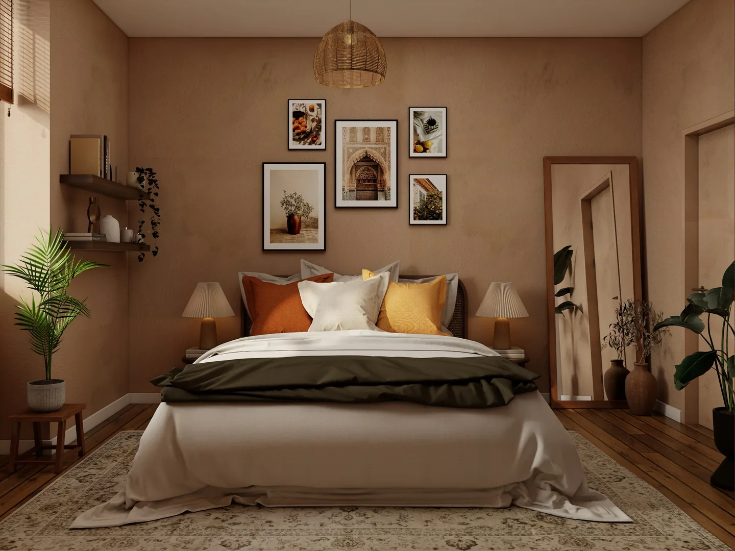 Rendu 3D d’une chambre : murs ocre, cadres aux motifs d’arches, suspension en rotin, coussins orange, grand miroir.